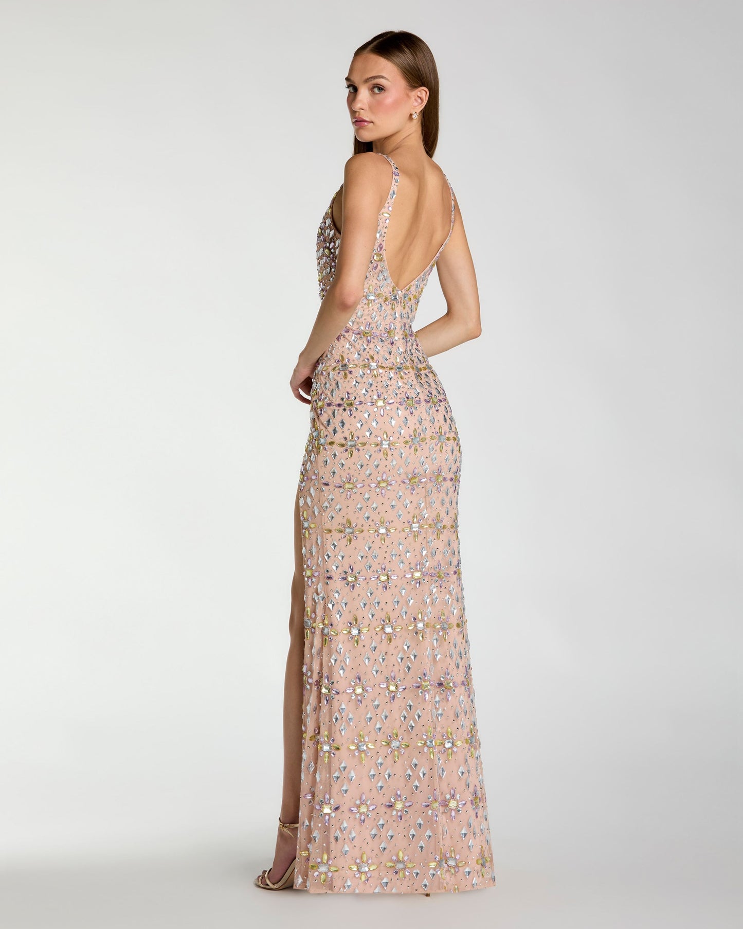 Beige Embellished V Neck Column Gown with Slit Mac Duggal