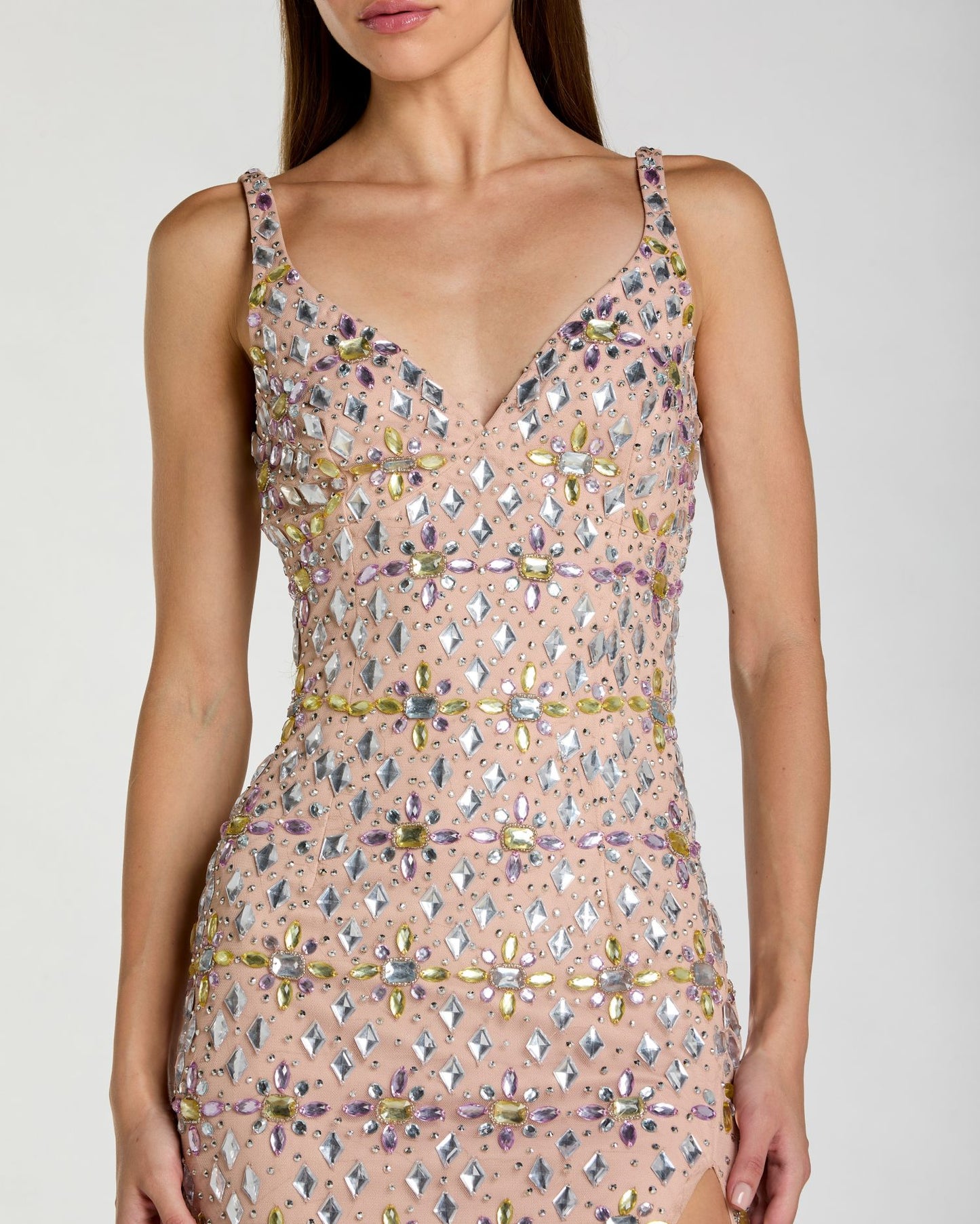 Beige Embellished V Neck Column Gown with Slit Mac Duggal