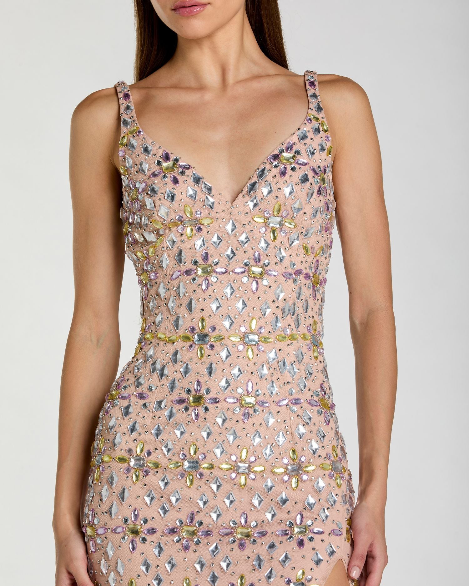 Beige Embellished V Neck Column Gown with Slit Mac Duggal