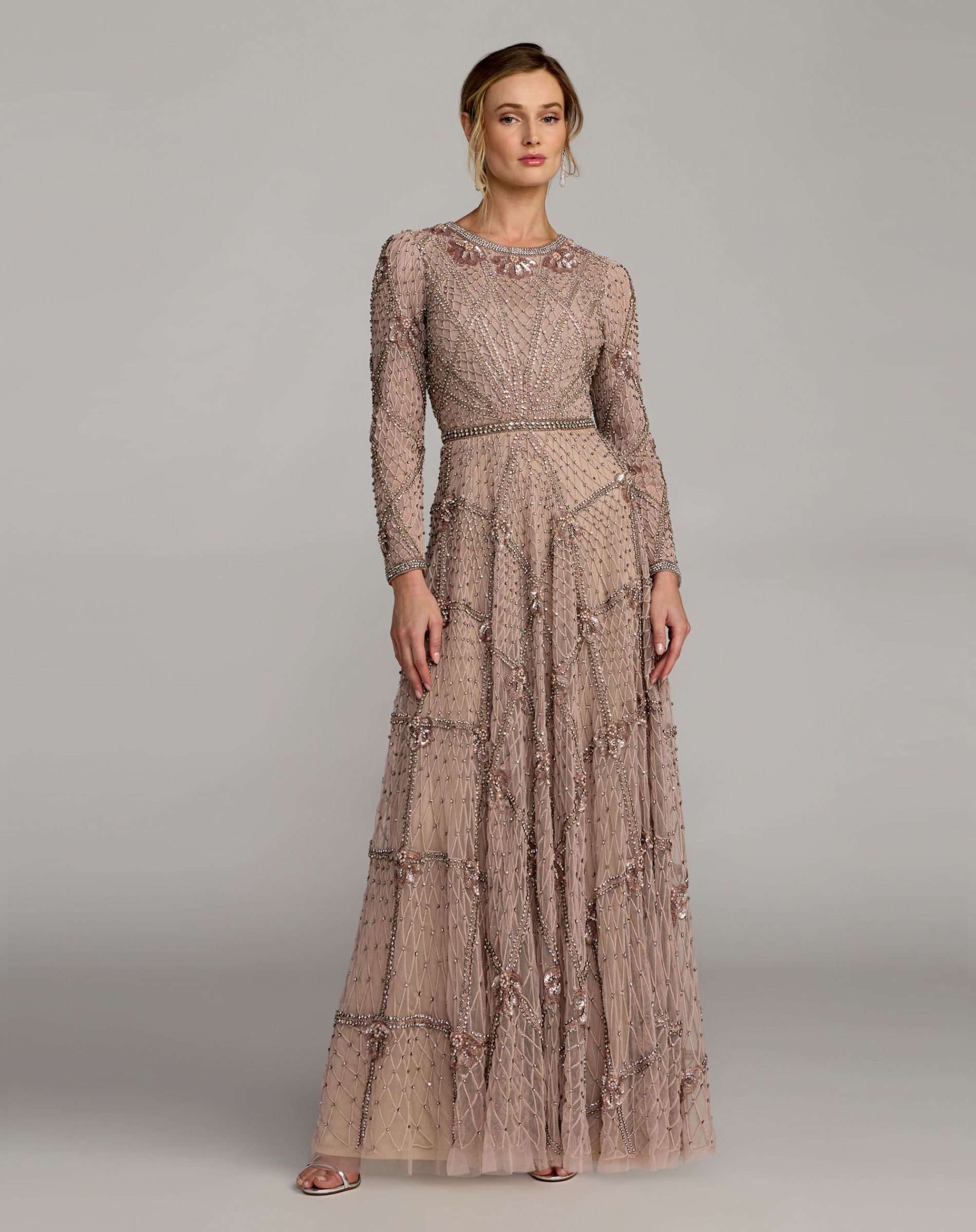 Pink Rhinestone Embellished Long Sleeve A-Line Gown - Mac Duggal