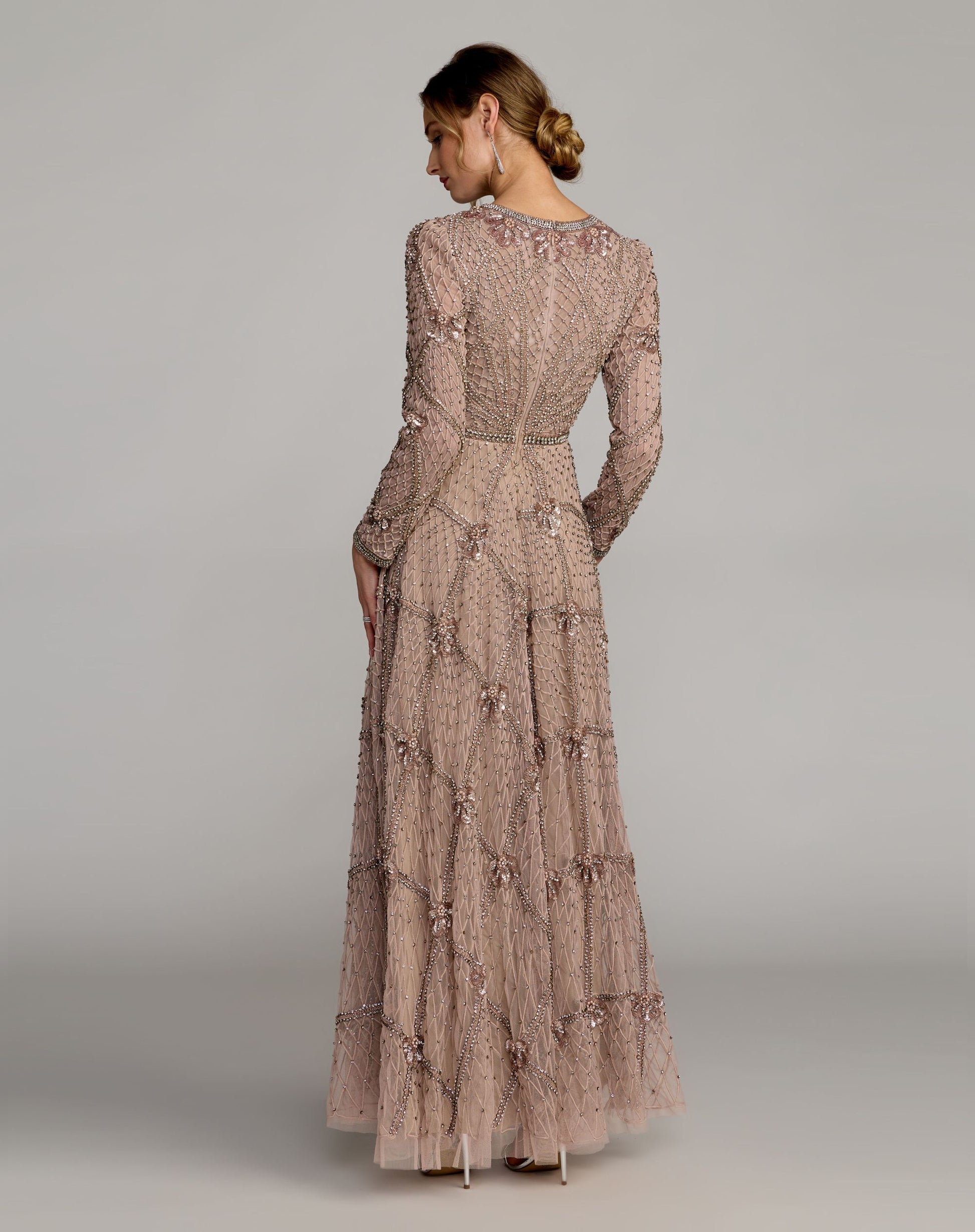 Pink Rhinestone Embellished Long Sleeve A-Line Gown - Mac Duggal