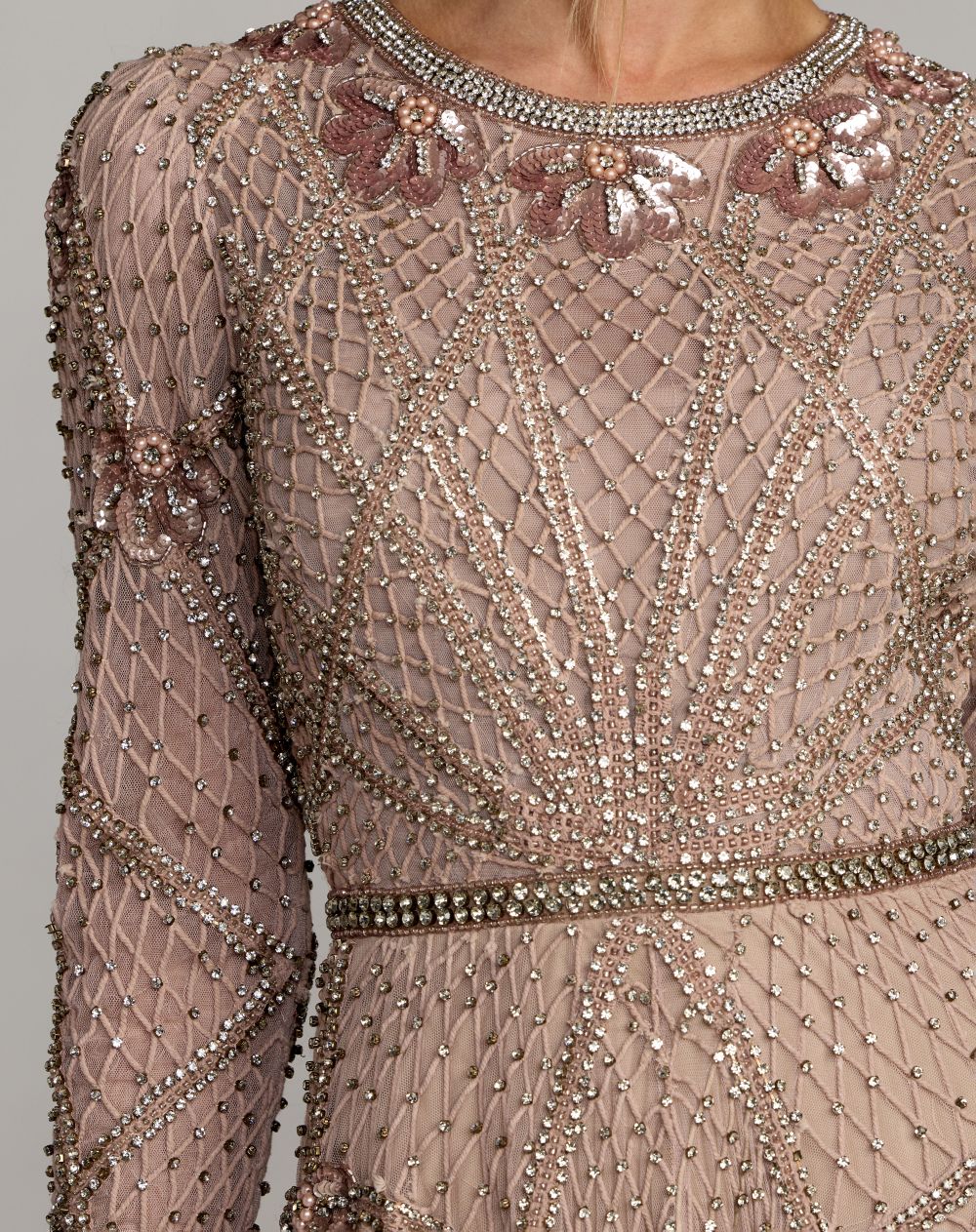 Pink Rhinestone Embellished Long Sleeve A-Line Gown - Mac Duggal