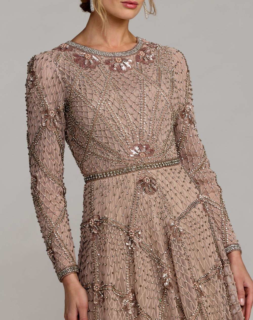 Pink Rhinestone Embellished Long Sleeve A-Line Gown - Mac Duggal