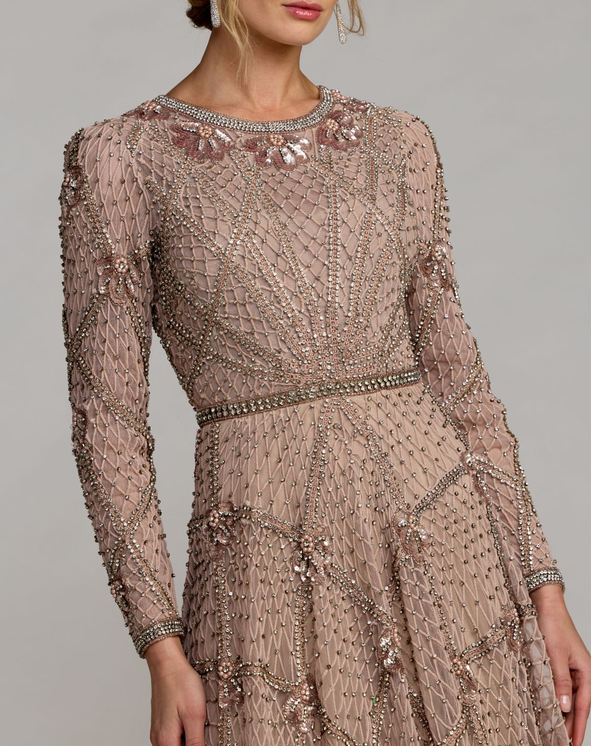 Pink Rhinestone Embellished Long Sleeve A-Line Gown - Mac Duggal
