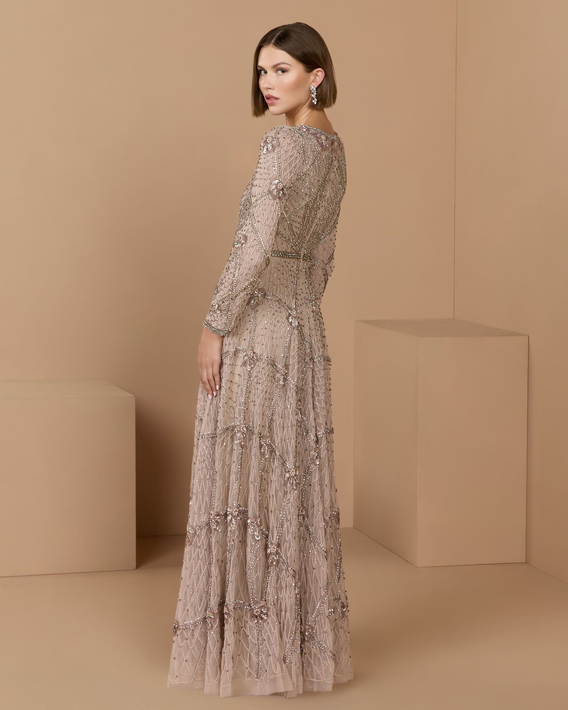 Pink Rhinestone Embellished Long Sleeve A-Line Gown - Mac Duggal