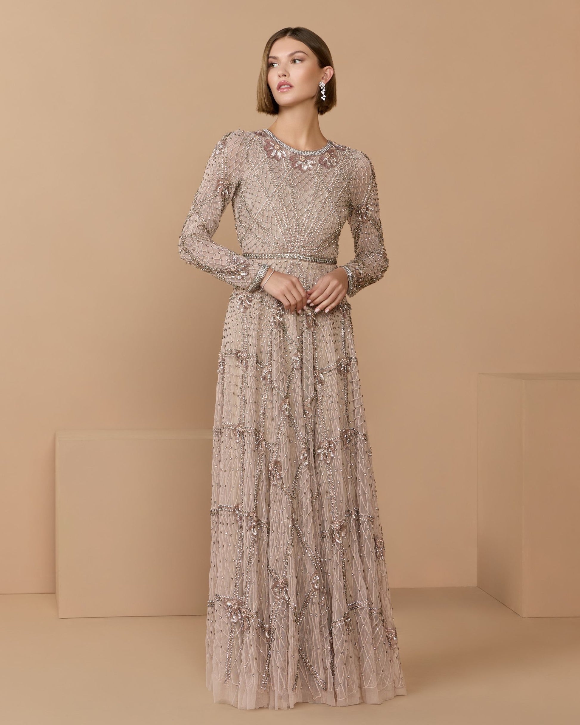 Pink Rhinestone Embellished Long Sleeve A-Line Gown - Mac Duggal