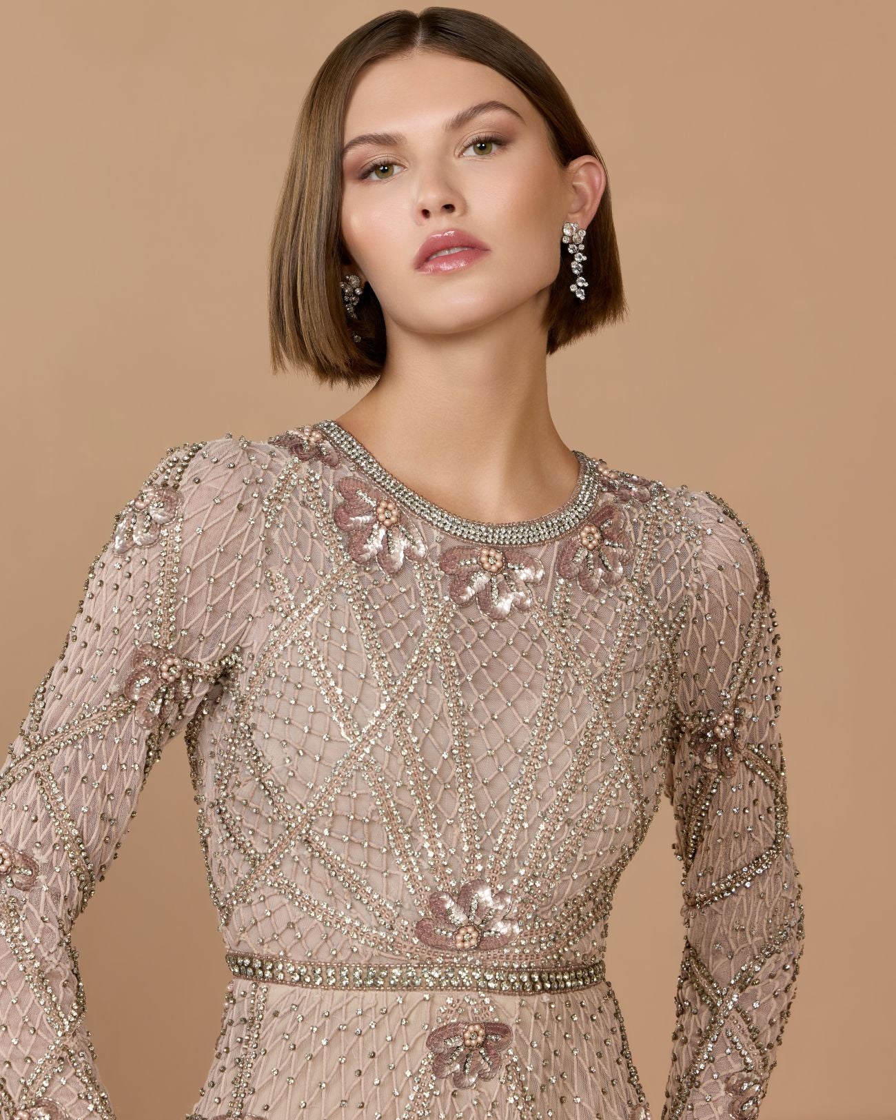 Pink Rhinestone Embellished Long Sleeve A-Line Gown - Mac Duggal