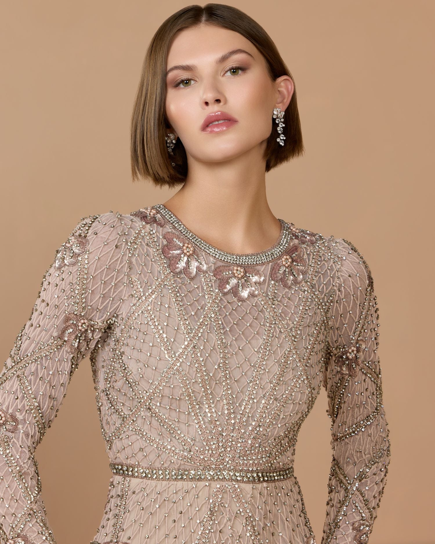 Pink Rhinestone Embellished Long Sleeve A-Line Gown - Mac Duggal