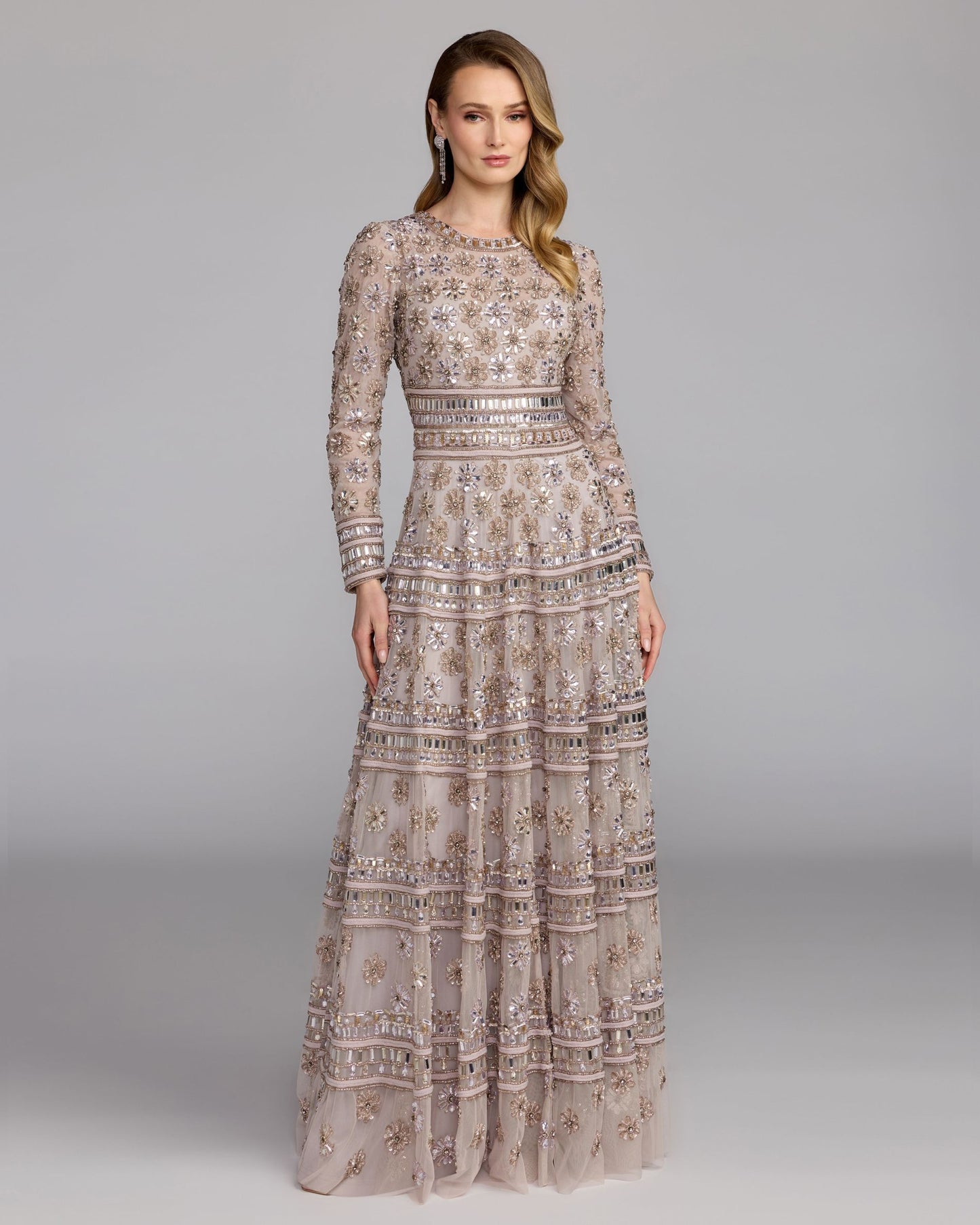 Purple Embellished Long Sleeve A-Line Gown - Mac Duggal