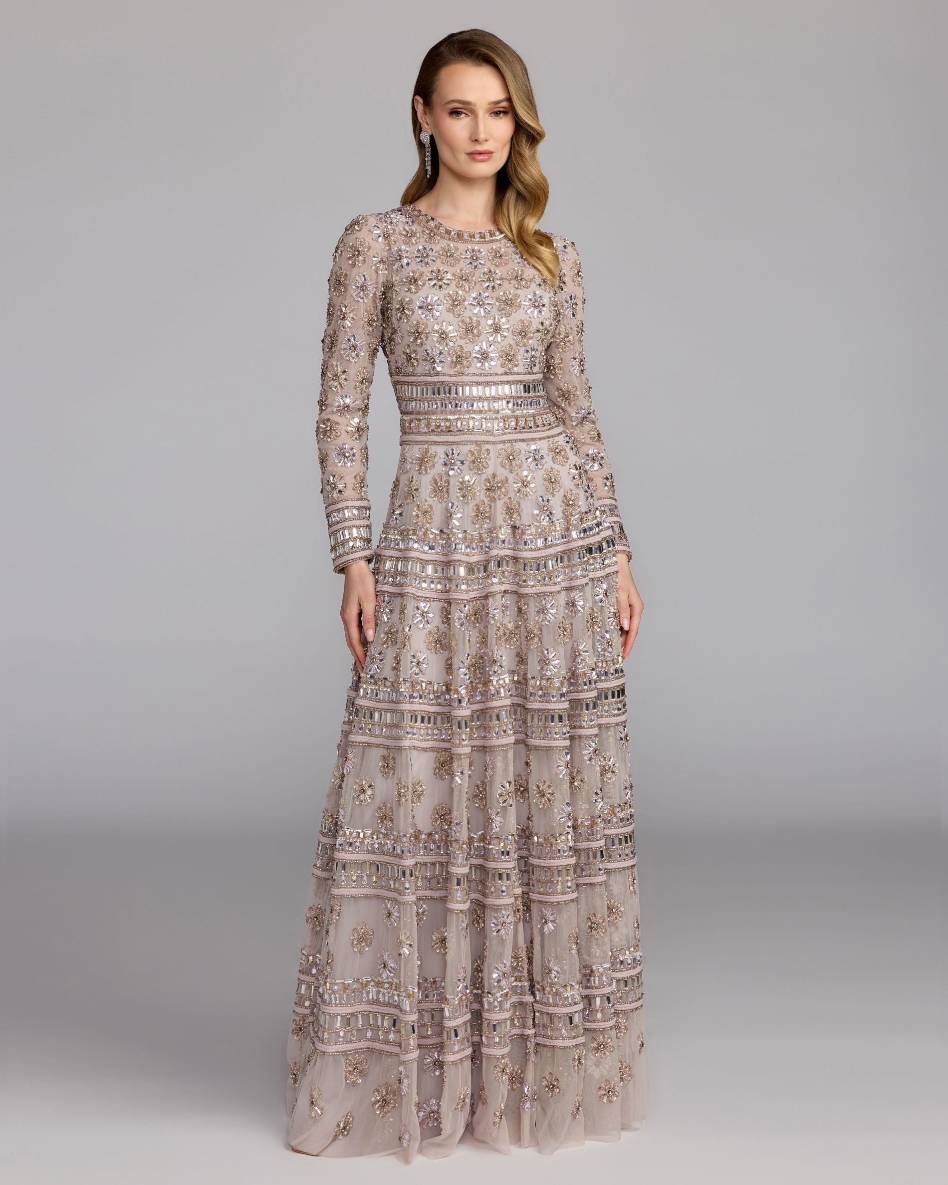 Purple Embellished Long Sleeve A-Line Gown - Mac Duggal