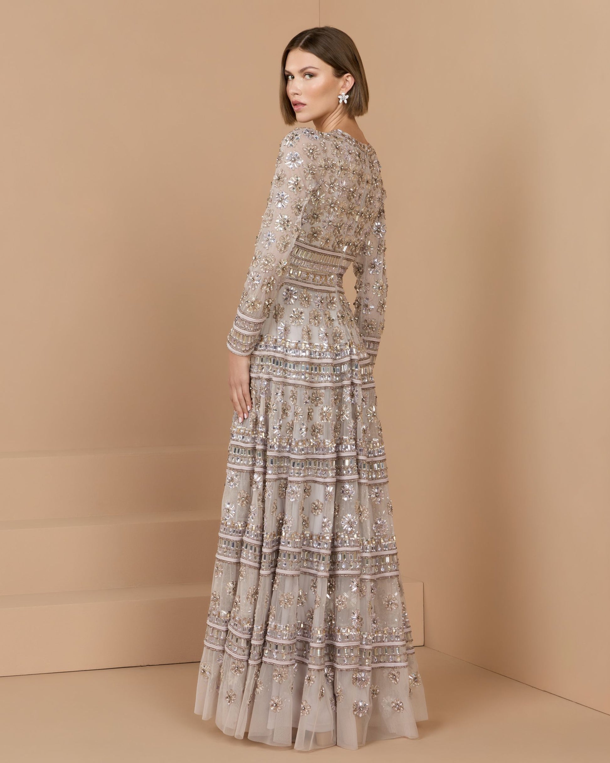 Purple Embellished Long Sleeve A-Line Gown - Mac Duggal