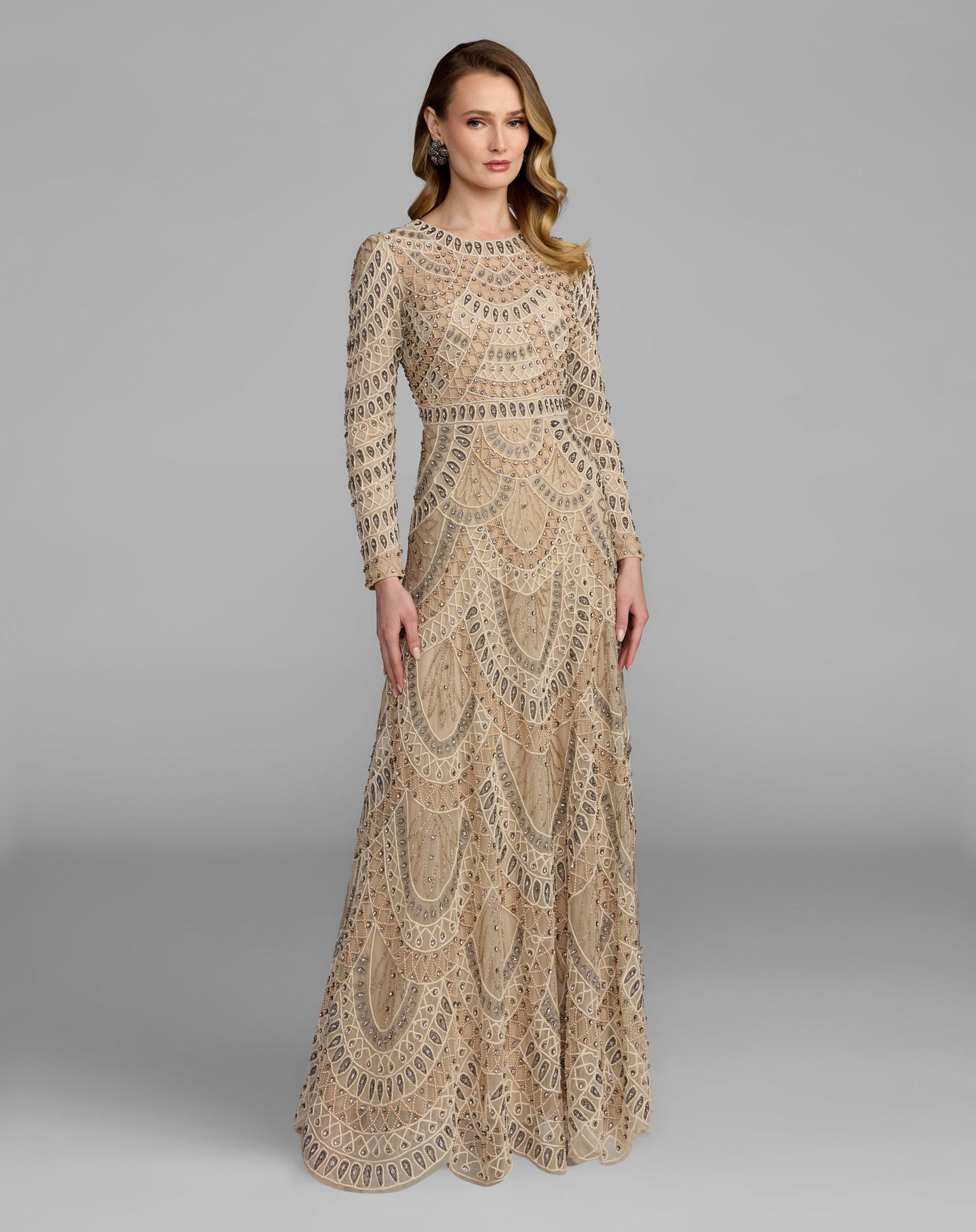 Beige Long Sleeve Beaded A-Line Gown - Mac Duggal