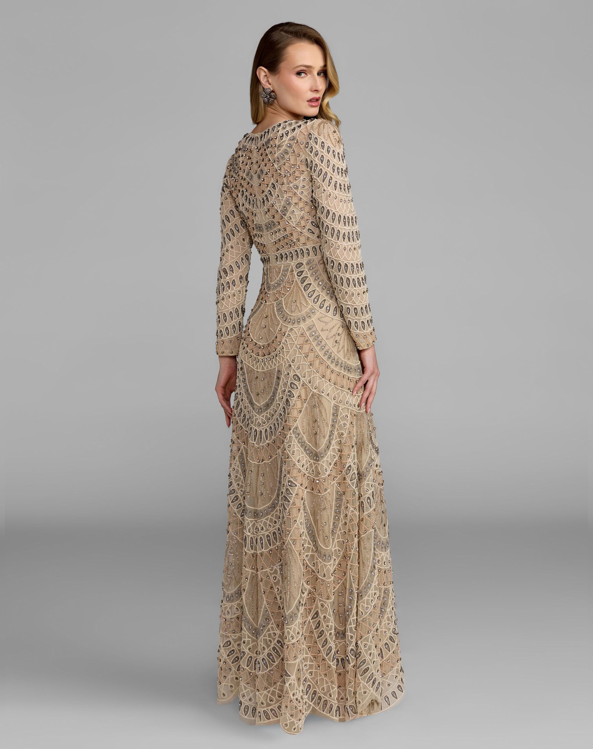 Beige Long Sleeve Beaded A-Line Gown - Mac Duggal