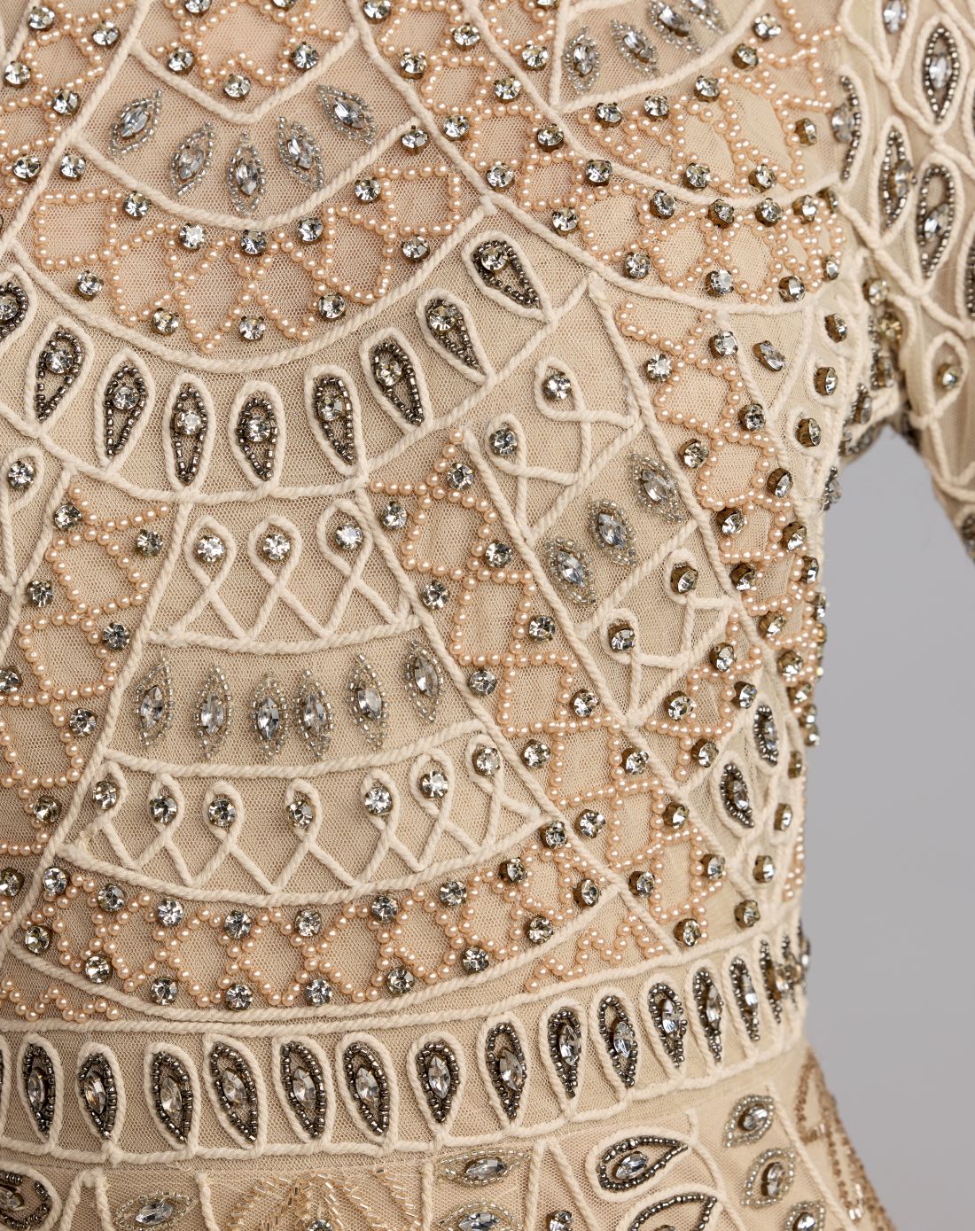 Beige Long Sleeve Beaded A-Line Gown - Mac Duggal