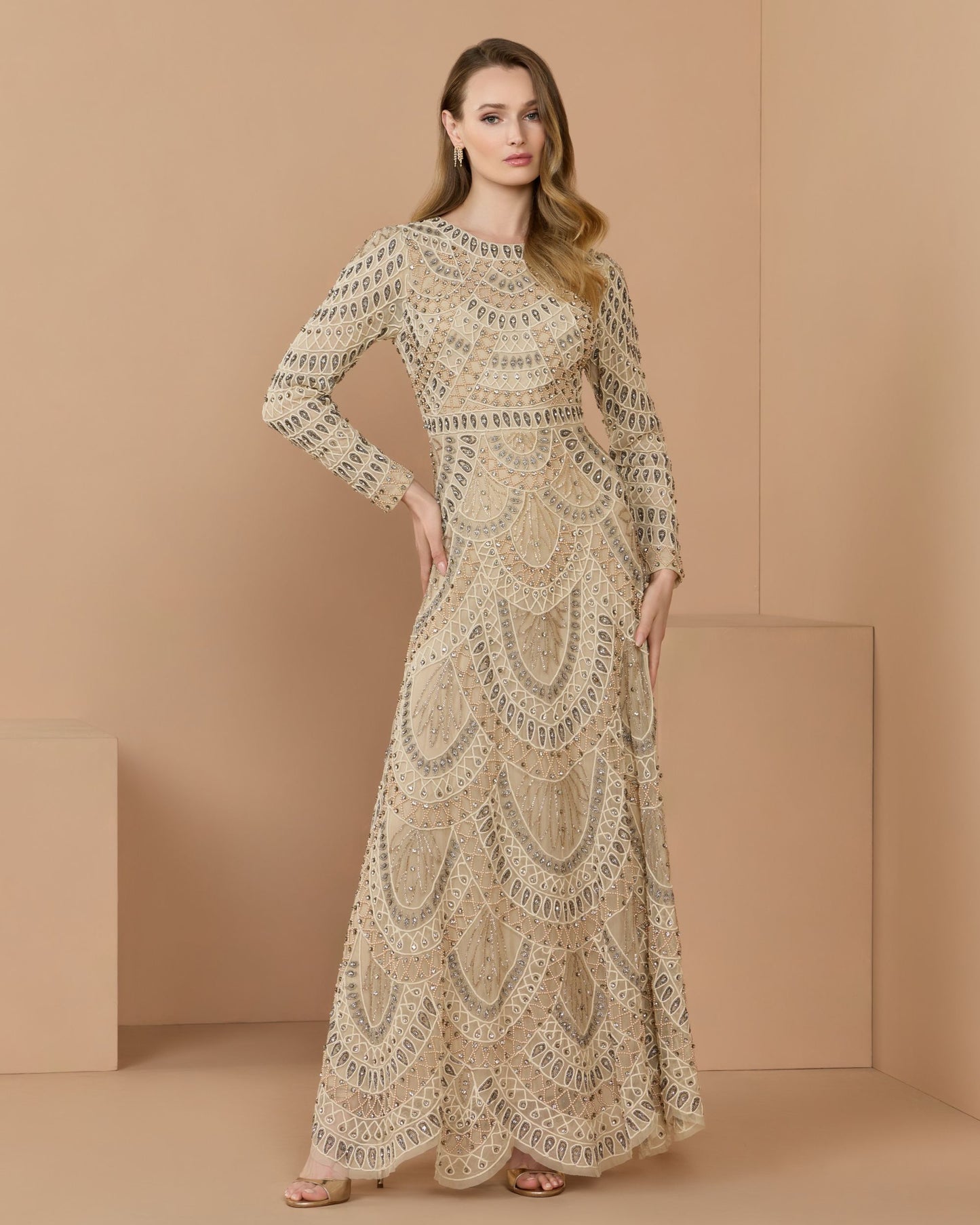 Beige Long Sleeve Hand Beaded A-Line Gown - Mac Duggal