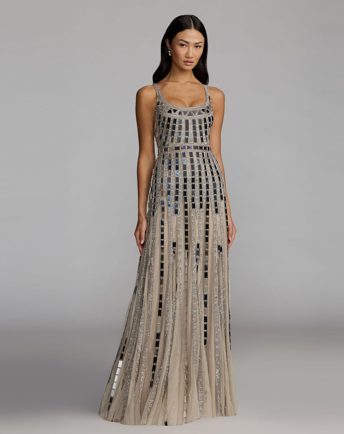 Silver Mirror Embellished Sleeveless Evening Gown - Mac Duggal