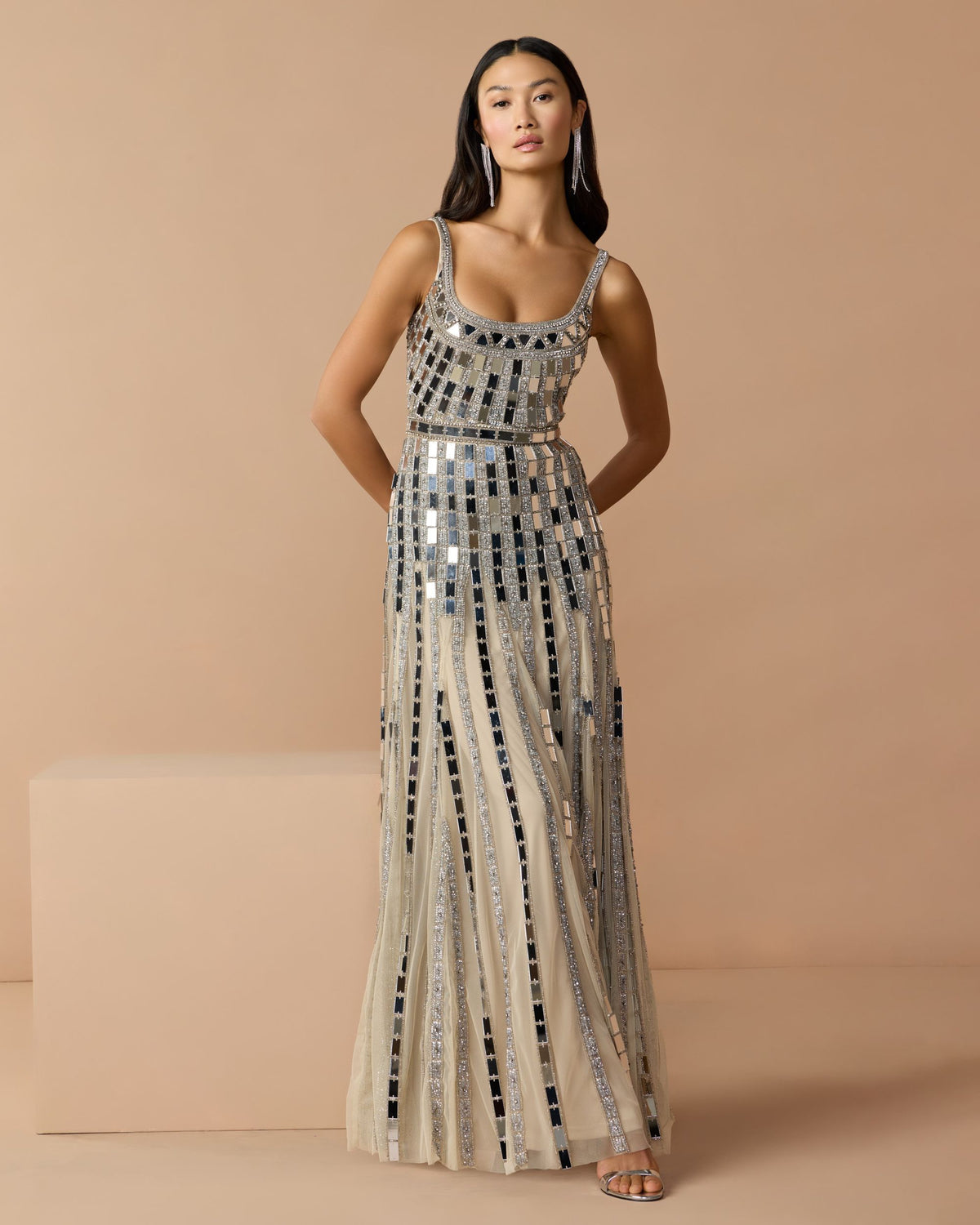 Silver Mirror Embellished Sleeveless Evening Gown - Mac Duggal