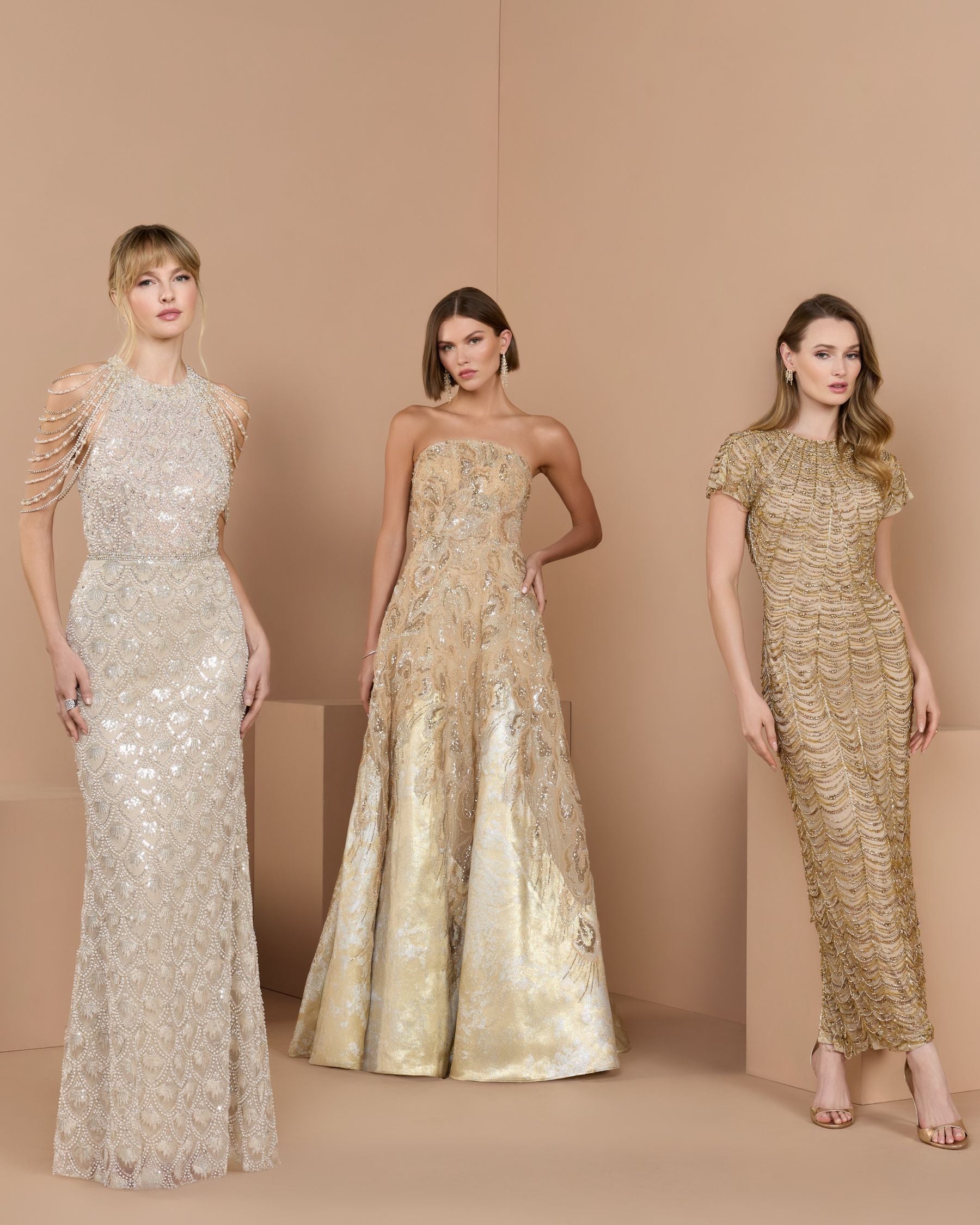 Gold Beaded Cap Sleeve Column Gown Mac Duggal