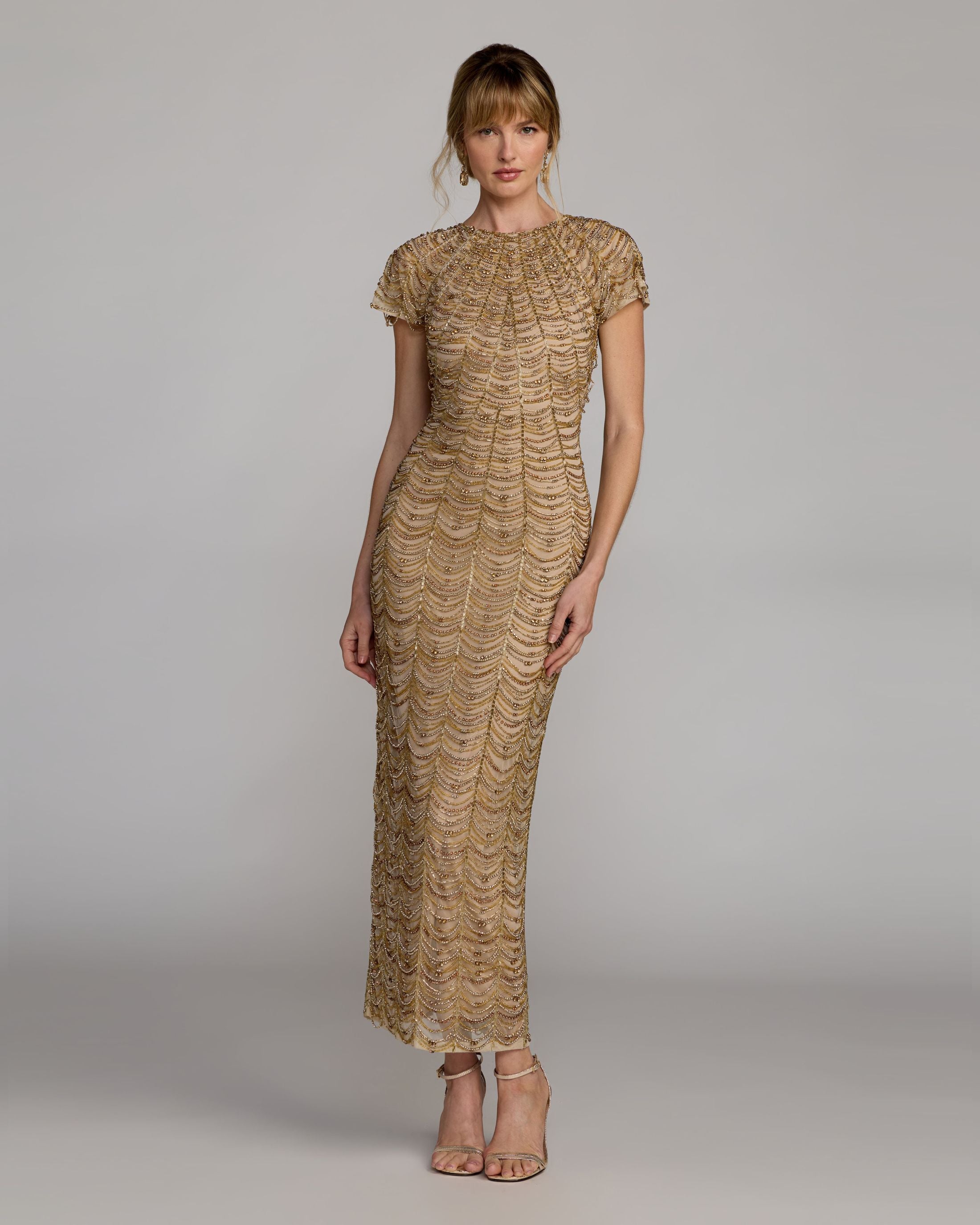 Gold Beaded Cap Sleeve Column Gown Mac Duggal
