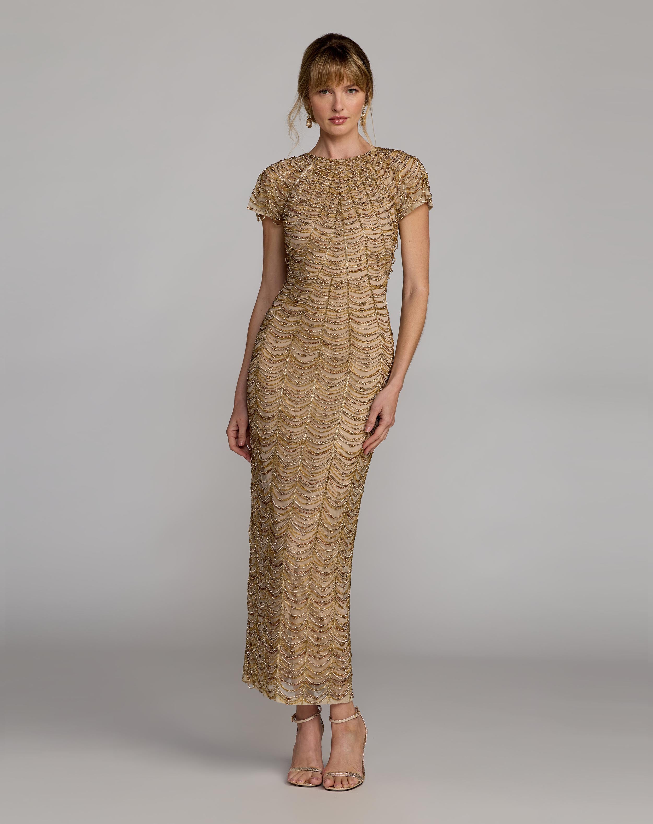 Gold Beaded Cap Sleeve Column Gown Mac Duggal