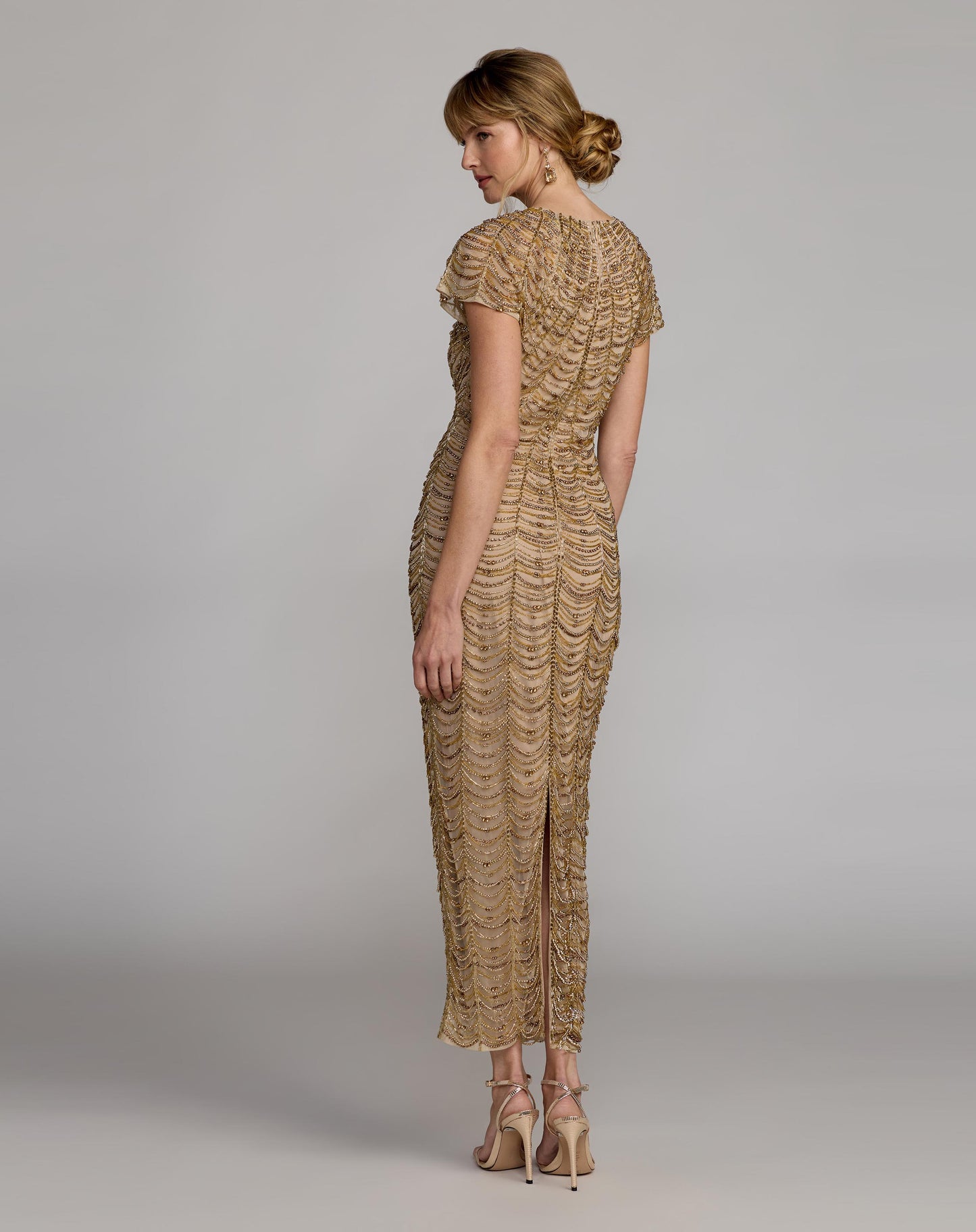 Gold Beaded Cap Sleeve Column Gown Mac Duggal