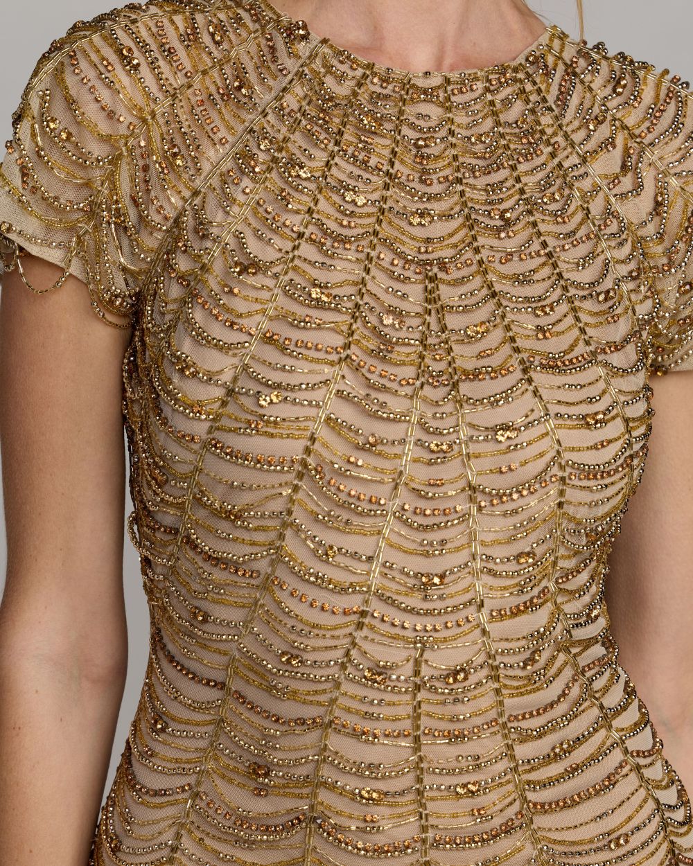 Gold Beaded Cap Sleeve Column Gown Mac Duggal