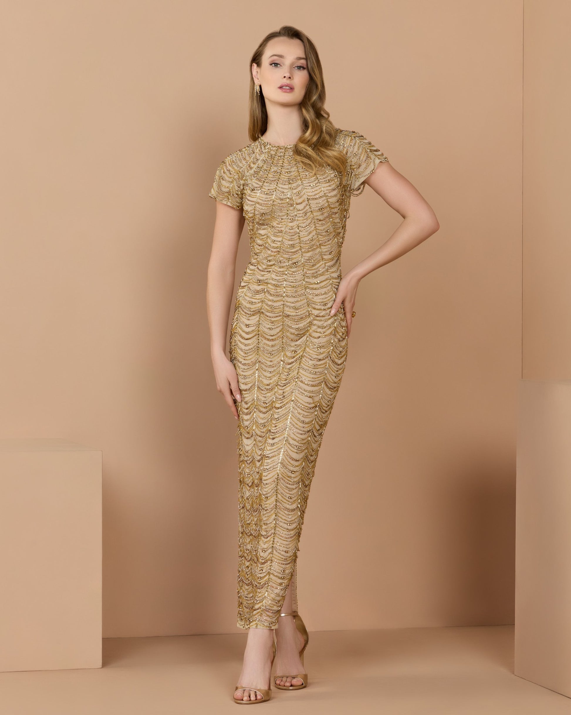 Gold Beaded Cap Sleeve Column Dress