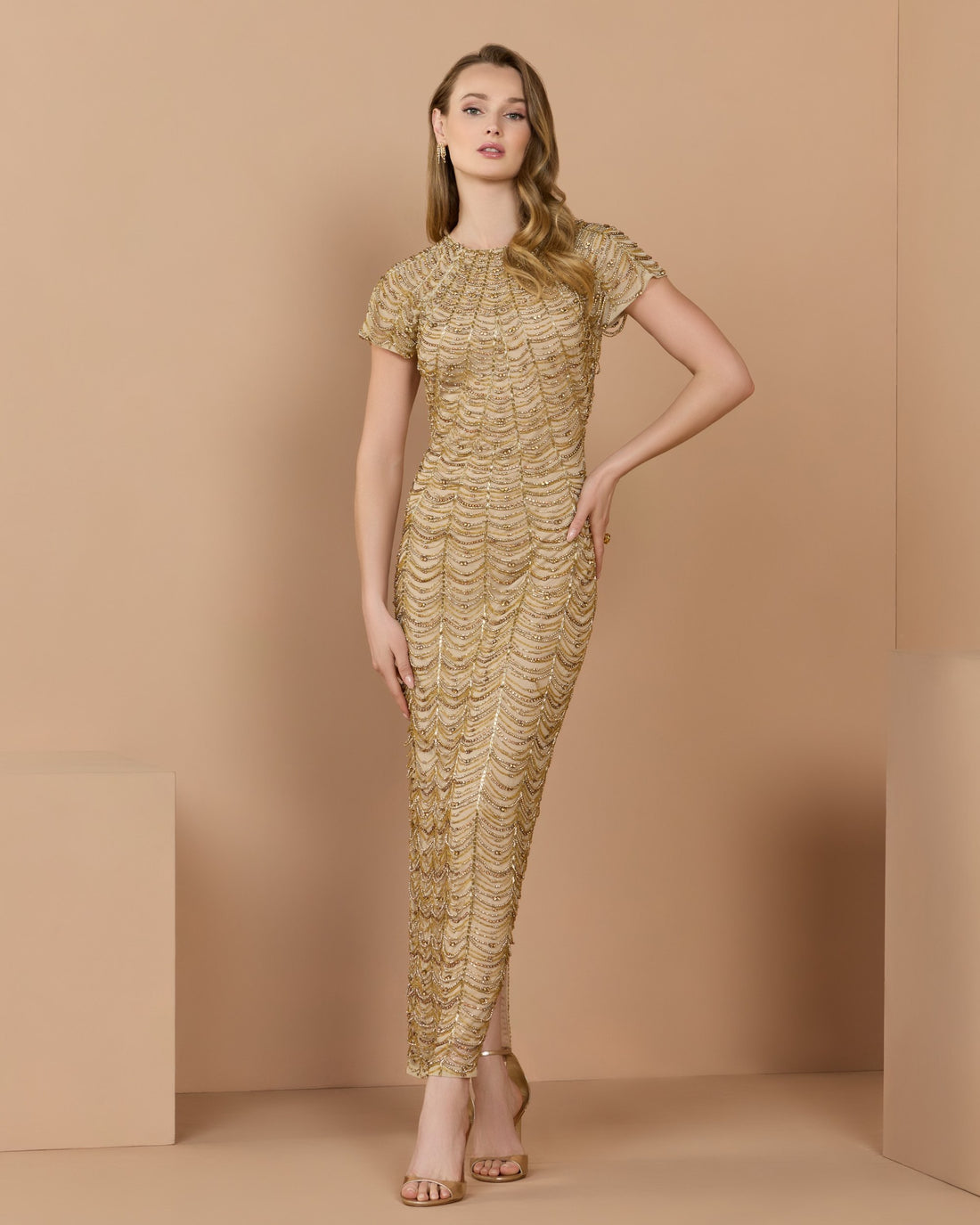 Gold Beaded Cap Sleeve Column Dress