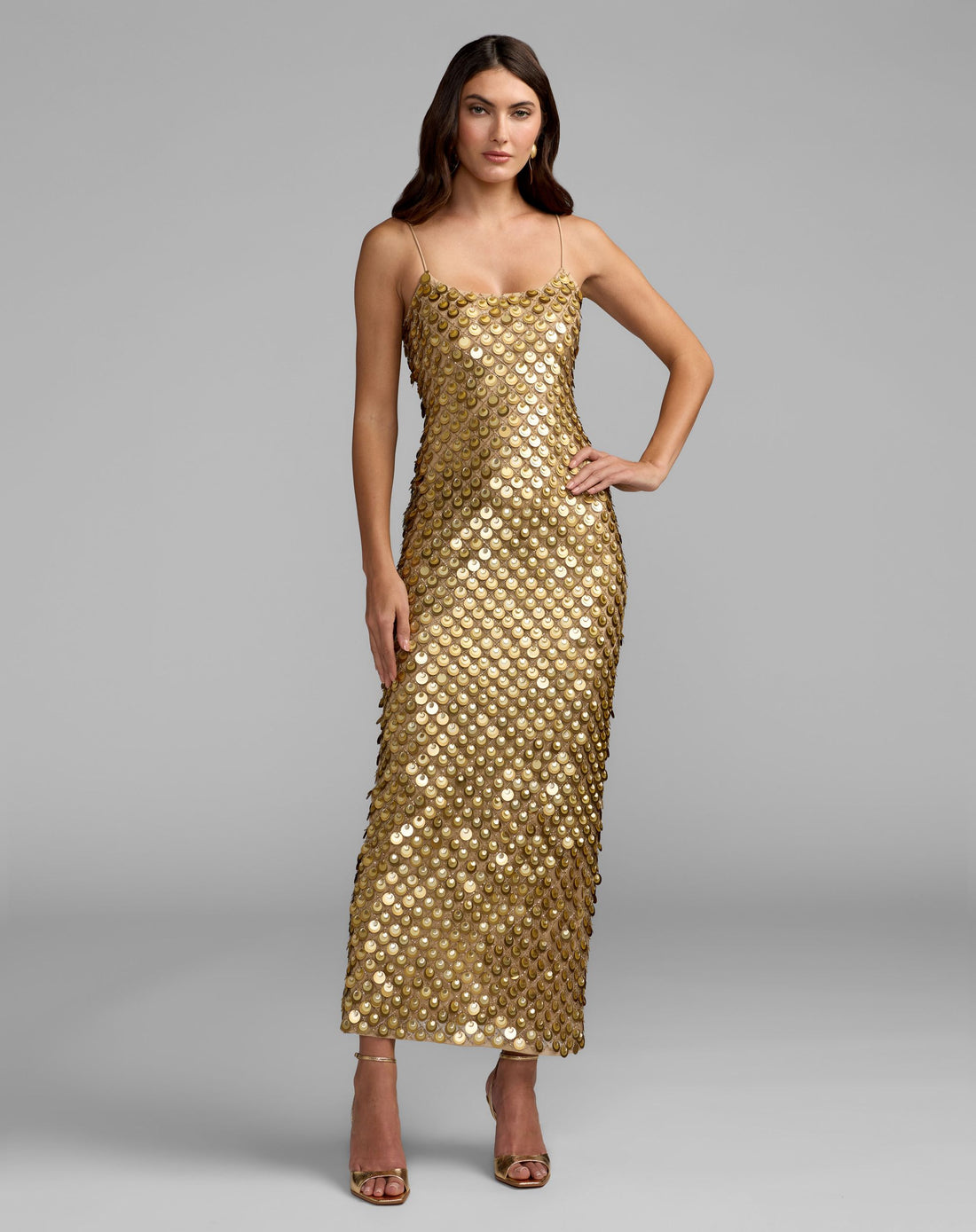 Gold Paillette Embellished Sleeveless Maxi Dress - Mac Duggal