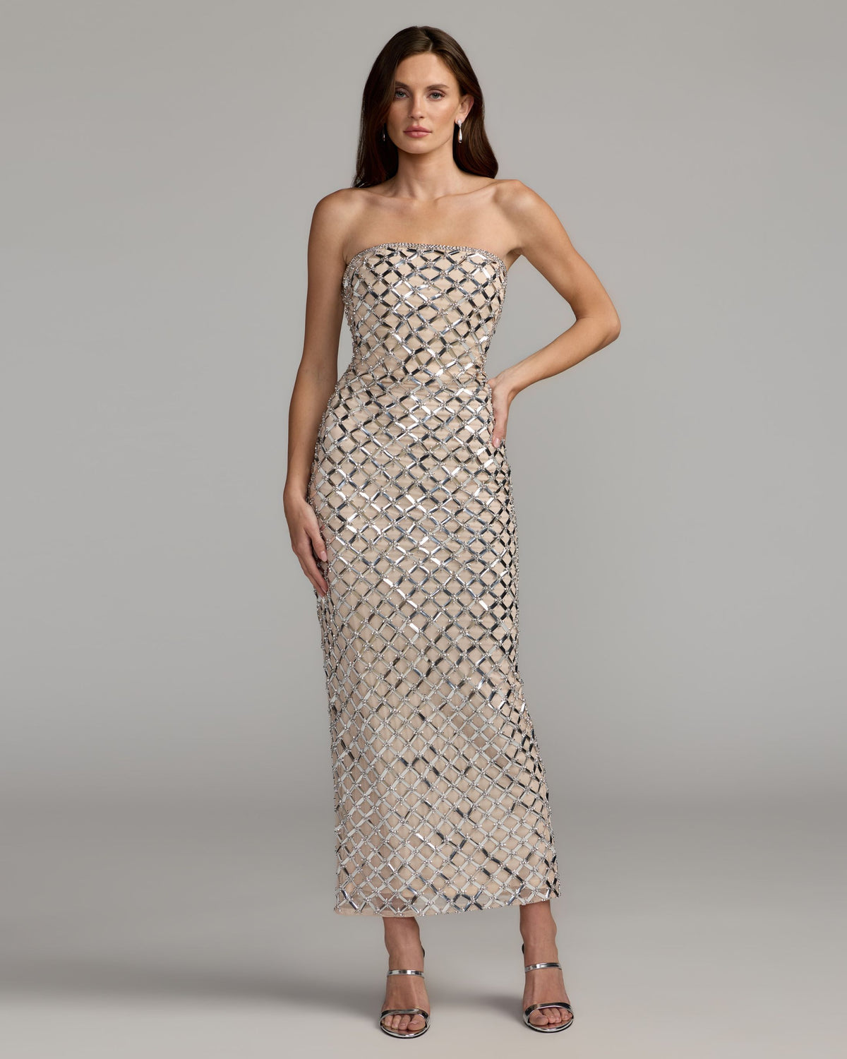 Nude Silver Metallic Embellished Strapless Gown Mac Duggal
