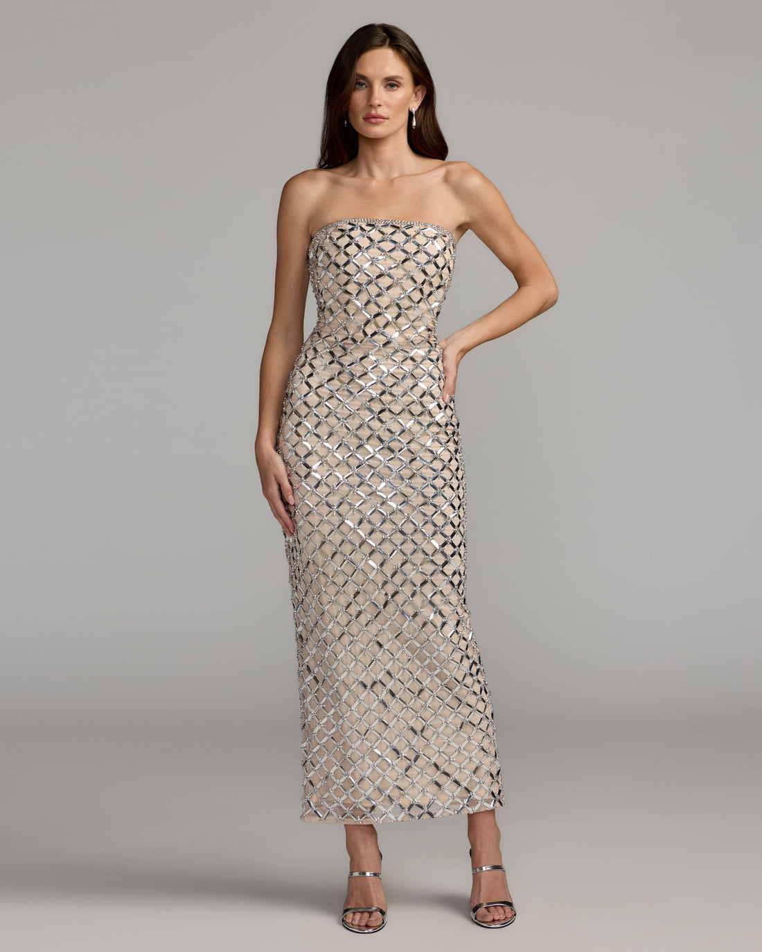 Nude Silver Metallic Embellished Strapless Gown Mac Duggal