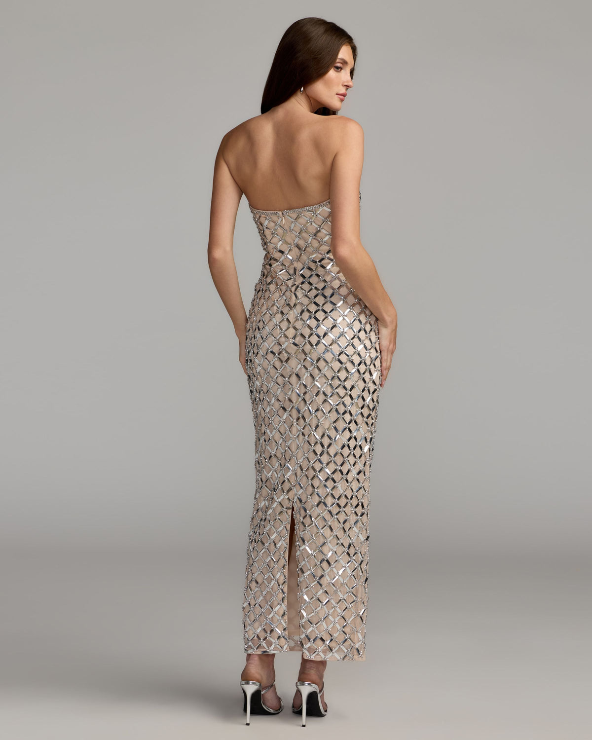 Nude Silver Metallic Embellished Strapless Gown Mac Duggal