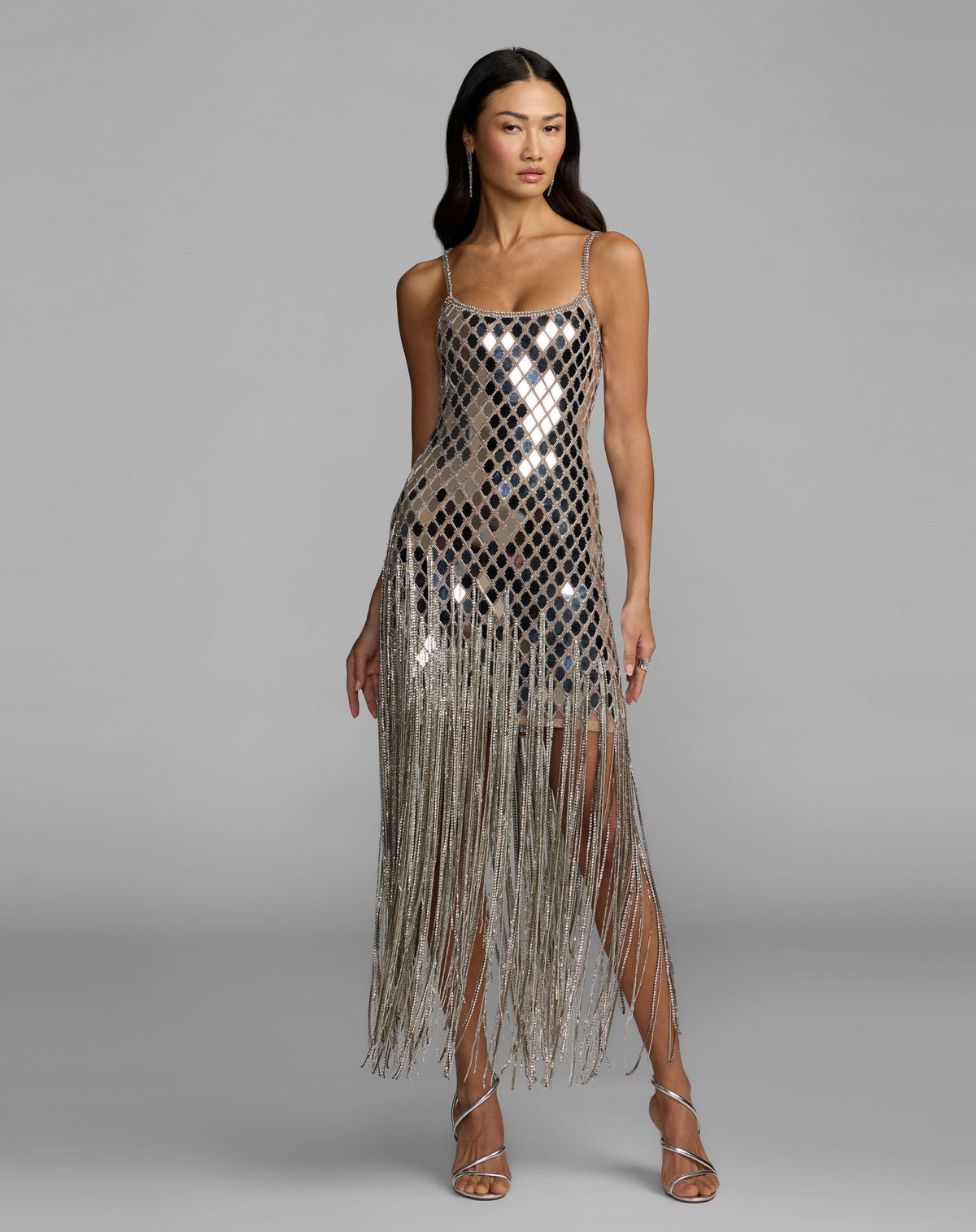 Nude Silver Mirrored Crystal Fringe Midi Dress - Mac Duggal Collection