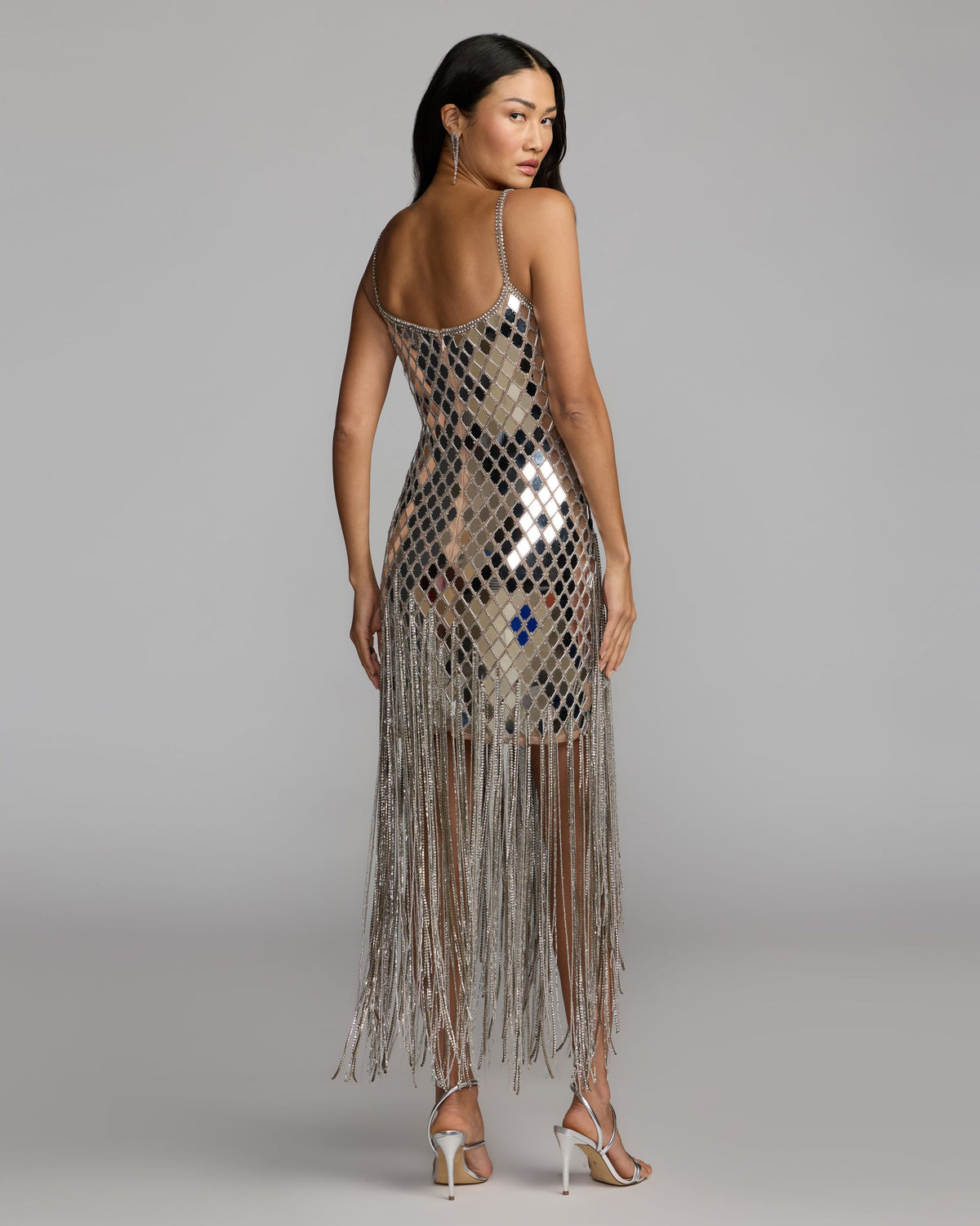 Nude Silver Mirrored Crystal Fringe Midi Dress - Mac Duggal Collection