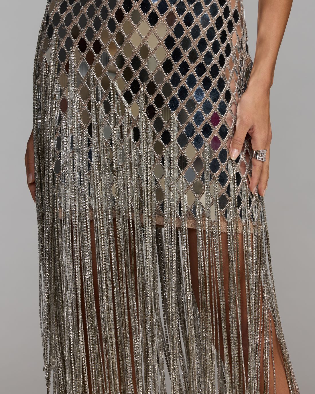 Nude Silver Mirrored Crystal Fringe Midi Dress - Mac Duggal Collection