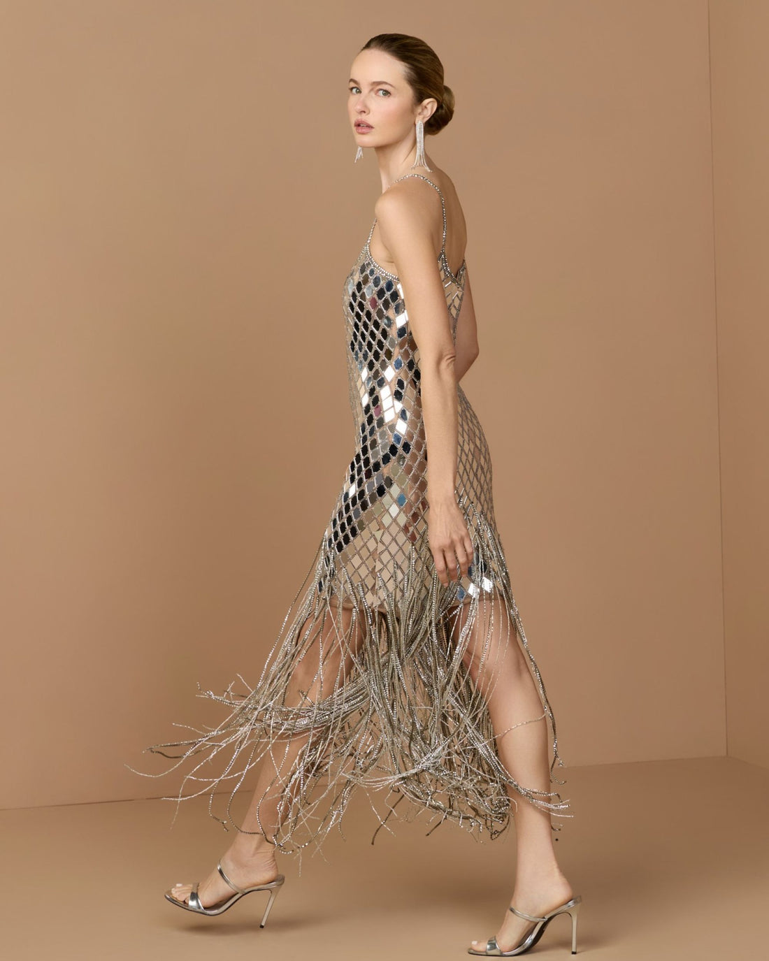 Nude Silver Mirrored Crystal Fringe Midi Dress - Mac Duggal Collection
