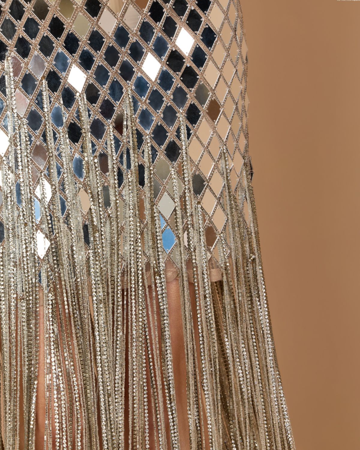 Nude Silver Mirrored Crystal Fringe Midi Dress - Mac Duggal Collection