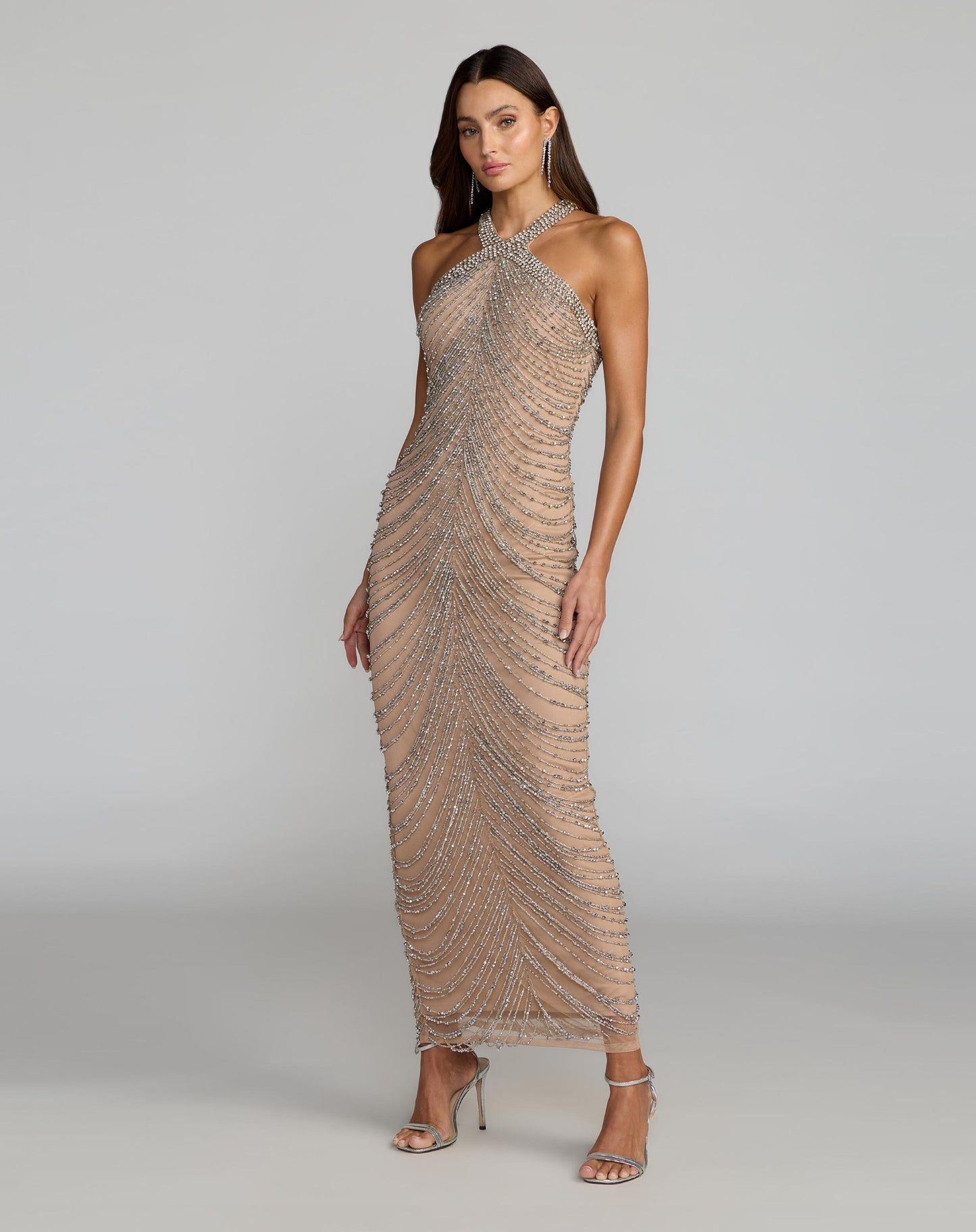 Beige Halter Neck Embellished Maxi Dress  - Mac Duggal