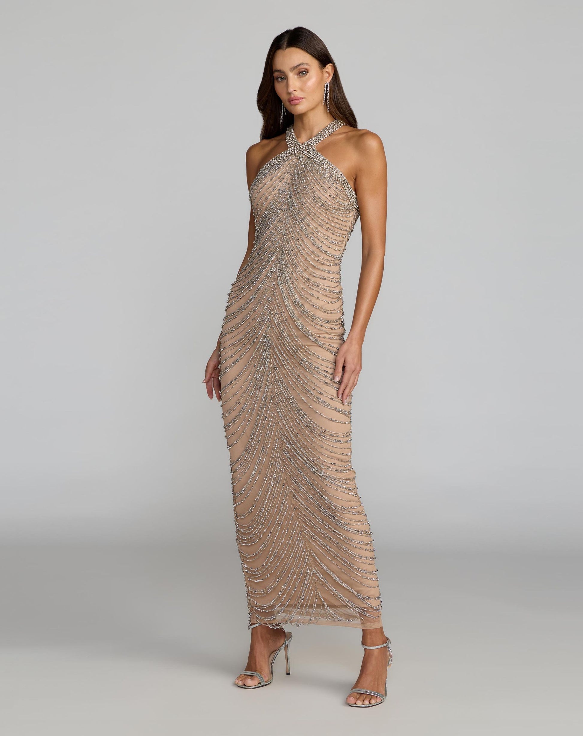 Beige Halter Neck Embellished Maxi Dress  - Mac Duggal