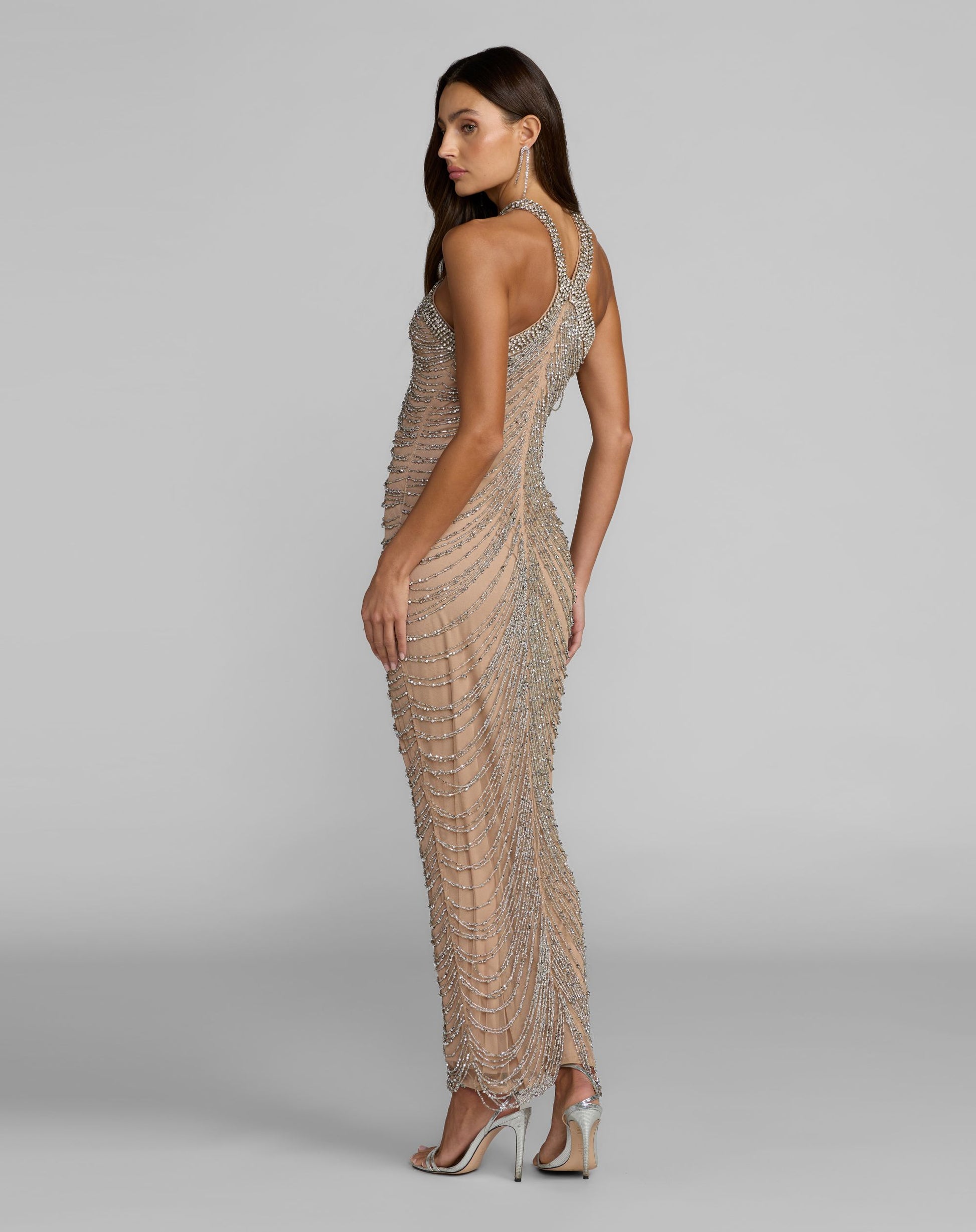 Beige Halter Neck Embellished Maxi Dress  - Mac Duggal