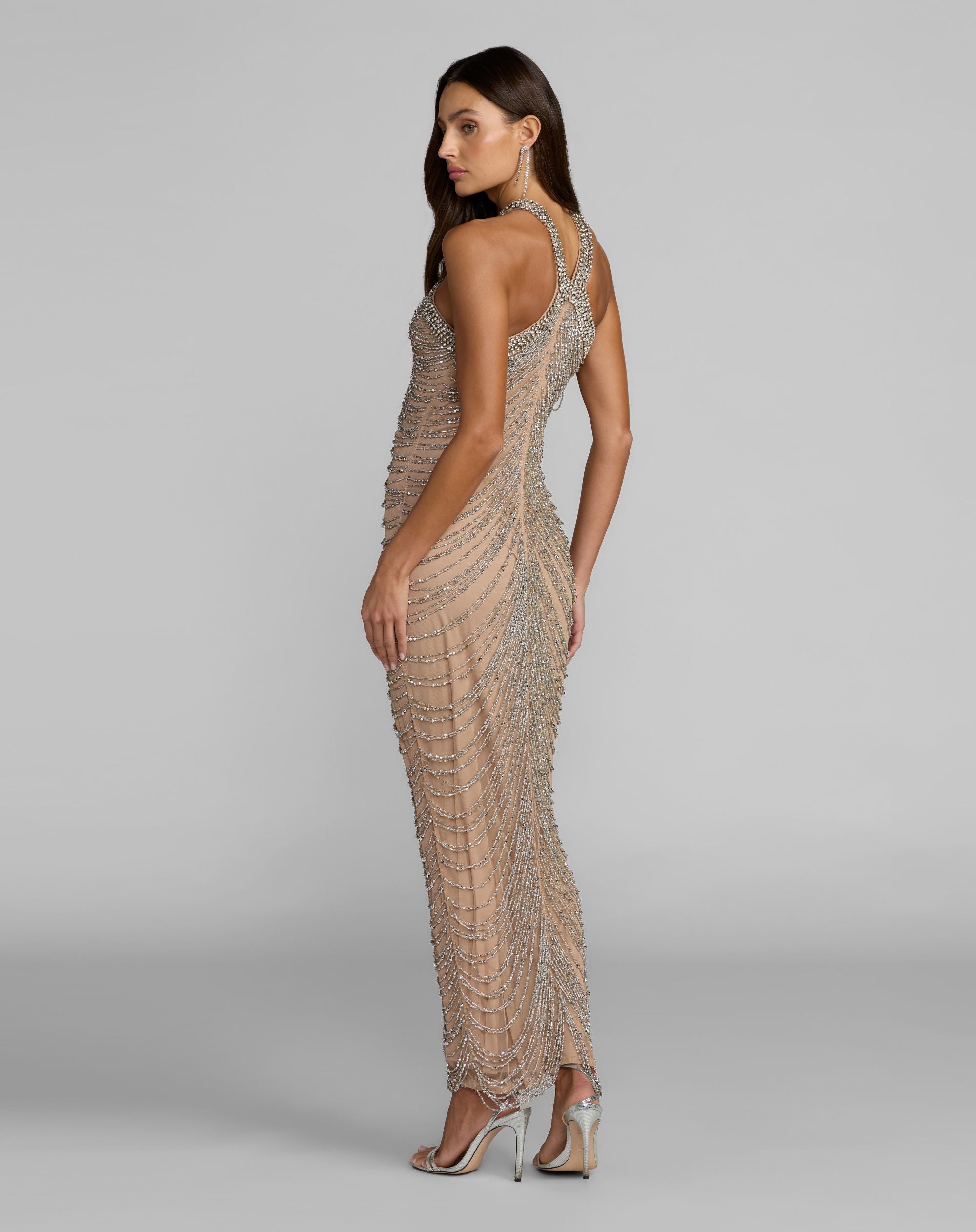 Beige Halter Neck Embellished Maxi Dress  - Mac Duggal