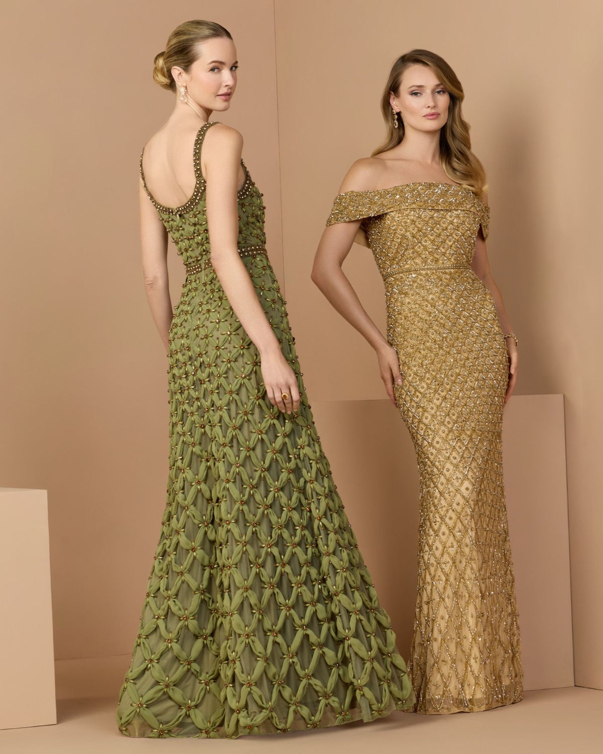 Gold Off The Shoulder Embellished Column Gown - Mac Duggal