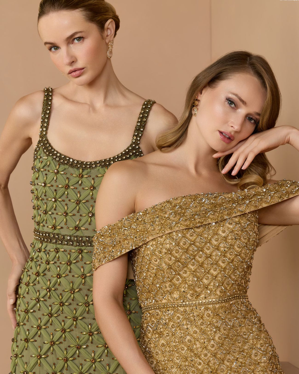 Gold Off The Shoulder Embellished Column Gown - Mac Duggal