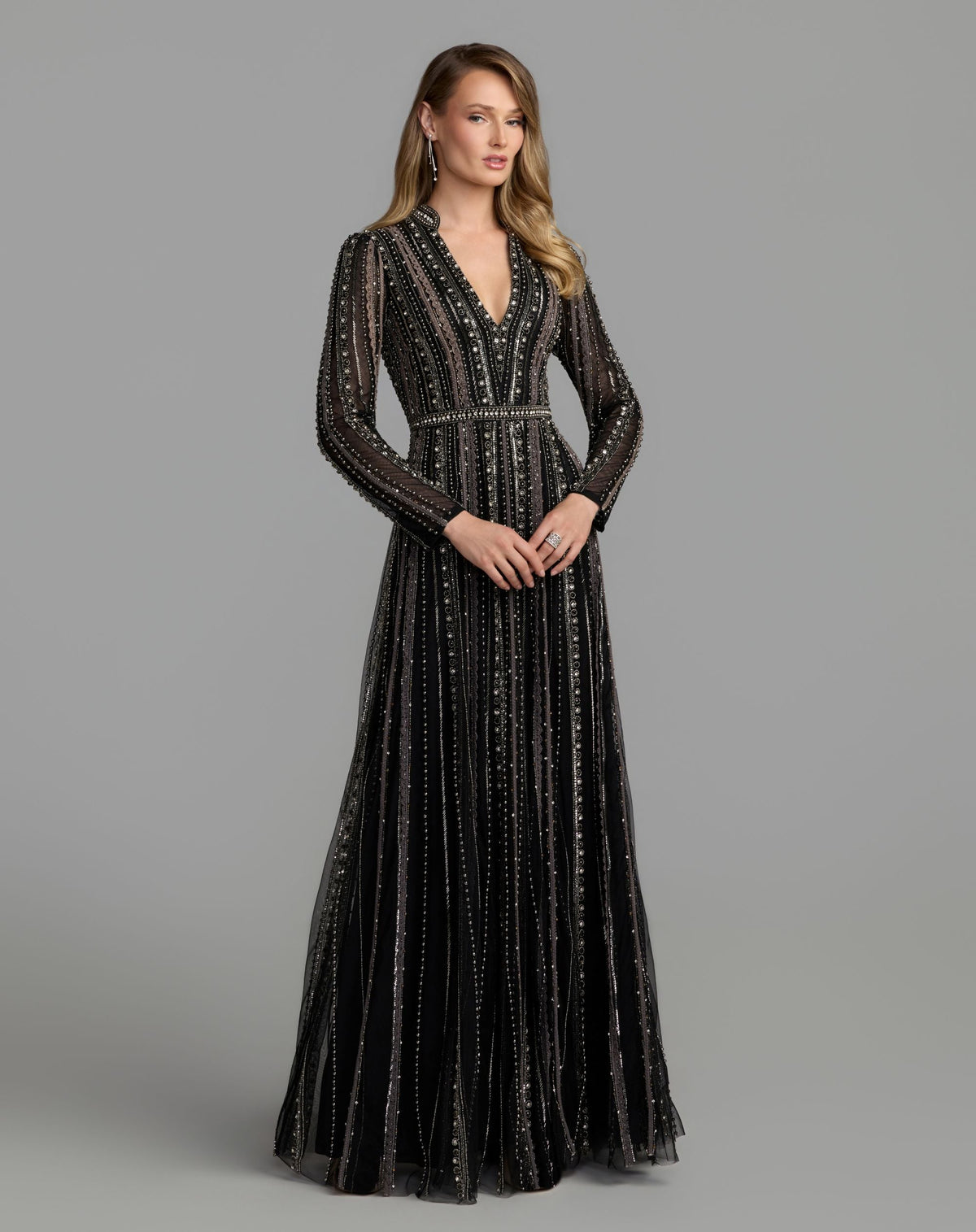 Black Charcoal Embellished Long Sleeve A-Line Gown - Mac Duggal