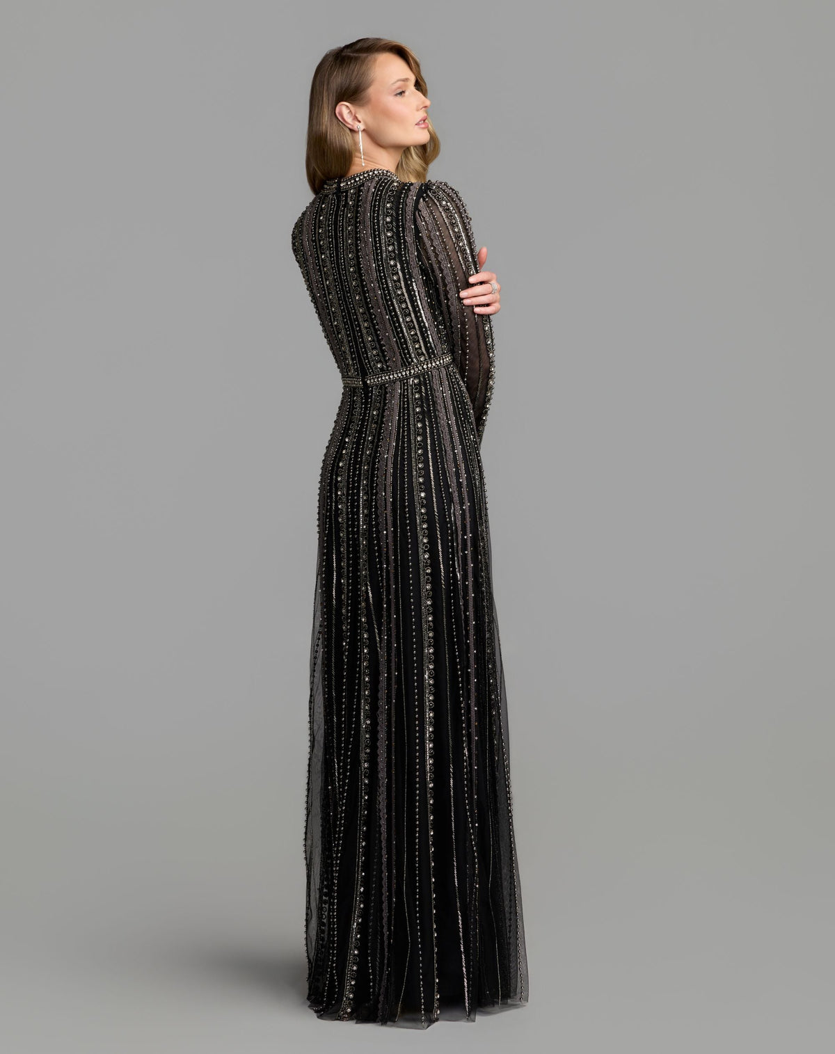 Black Charcoal Embellished Long Sleeve A-Line Gown - Mac Duggal