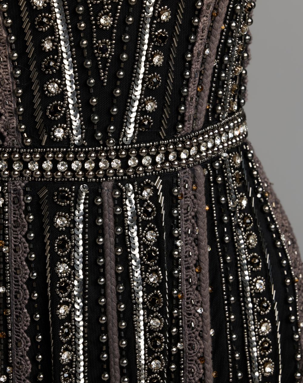 Black Charcoal Embellished Long Sleeve A-Line Gown - Mac Duggal
