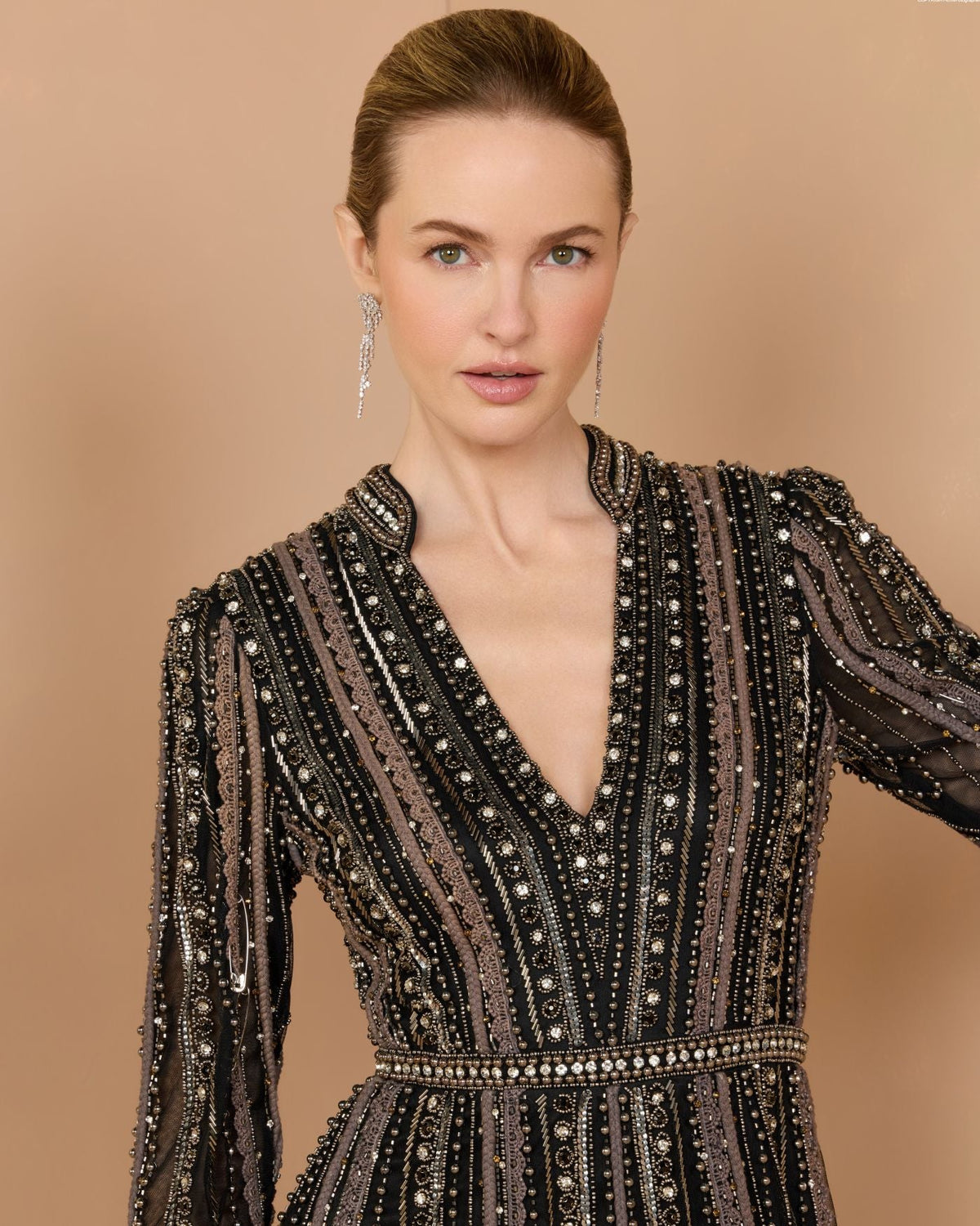 Black Charcoal Embellished Long Sleeve A-Line Gown - Mac Duggal