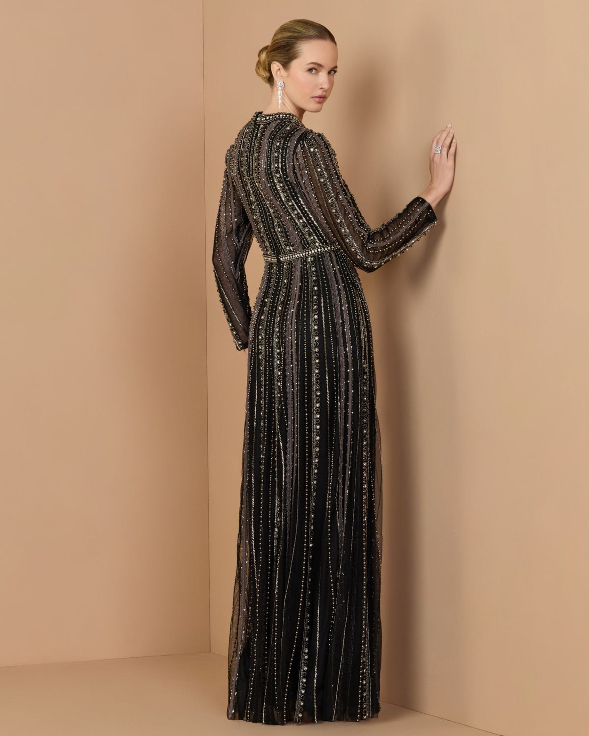 Black Charcoal Embellished Long Sleeve A-Line Gown - Mac Duggal