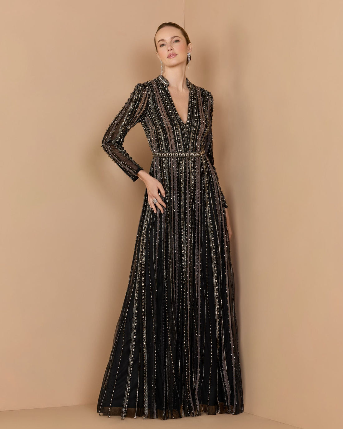 Black Charcoal Embellished Long Sleeve A-Line Gown - Mac Duggal