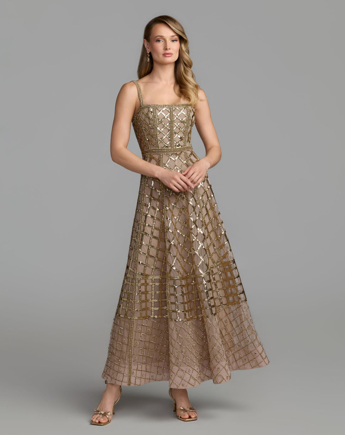 Gold Hand Embellished Geometric Sleeveless Dress - Mac Duggal